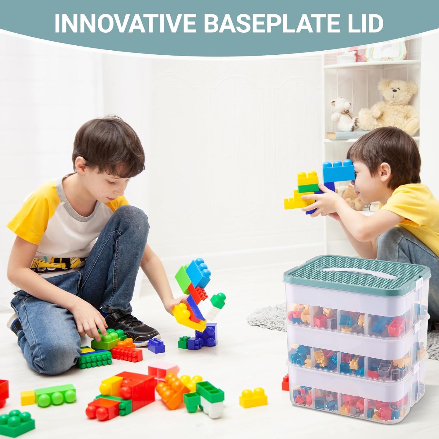 Scatole di Plastica per Lego, 3 Strati Trasparenti Scatola Giochi per Bambini con Scomparti,Contenitori Mattoncini Impilabili,per Riporre i Giocattoli dei Bambini (Solo scatola)