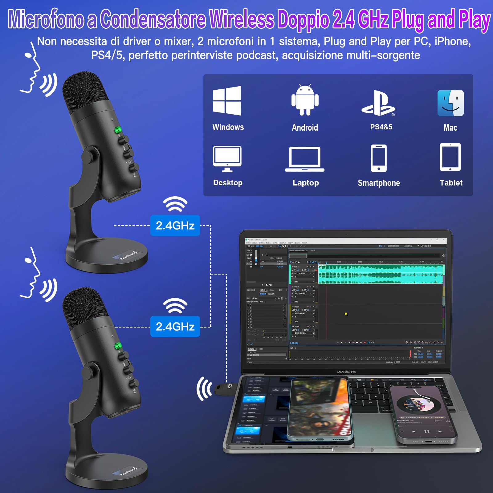 zealsound Microfono USB wireless 2 in 1 per interviste podcast, streaming dual-live, registrazioni, co-commenti di gioco, YuTuber, Dual 2.4 GHz, microfono wireless Plug & Play per PC, cellulare