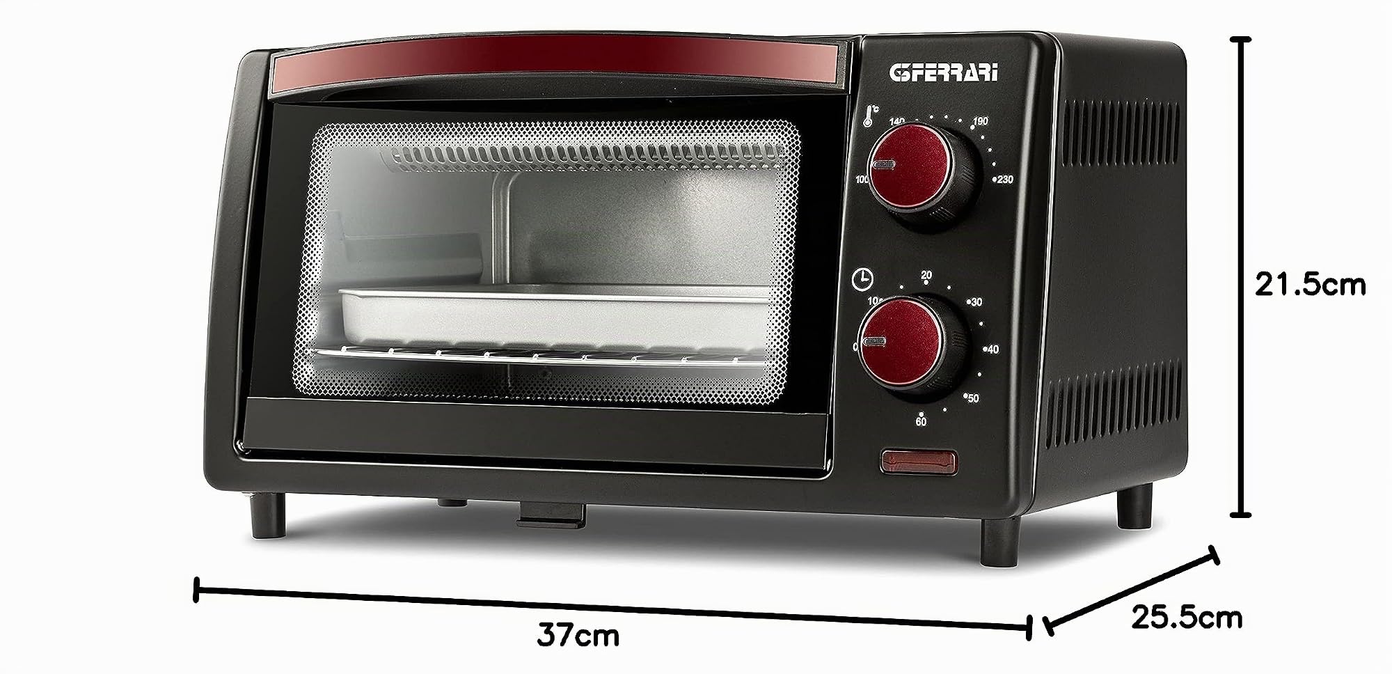 G3 Ferrari G10169 il Moro 10, 10 L Mini-Ofen, 800 W, 60 Min Timer, Bodenklappe zur Reinigung, 100–230 °C, INOX-Grill, Schwarz-Rot