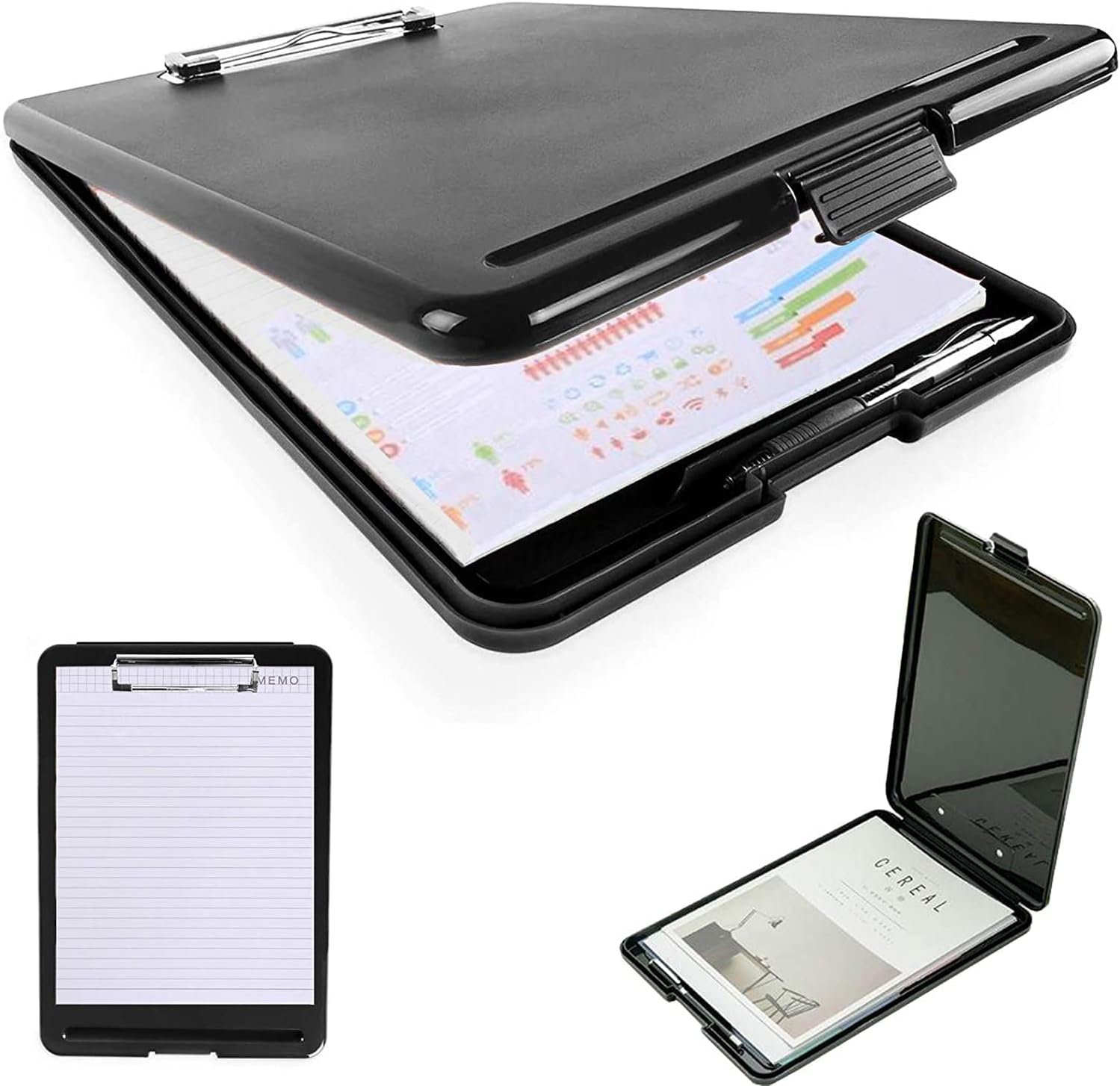 SAYEEC A4 Clipboard Storage Box, Portable Plastic Paper Holder with Plate Clip, Multifunctional File Organizer for Nurses, Lawyers, Students, Engineers, Businessmen, Writing, Drawing, Office (Black)