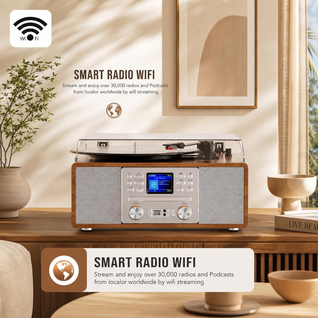 10-in-1 Retro Bluetooth Record Player with Built-in Stereo Speakers | Wireless 3-Speed Turntable for Vinyl, CD, MP3, USB/SD, Internet Radio | Headphone Jack & MP3 Recording | Vintage Multimedia Center