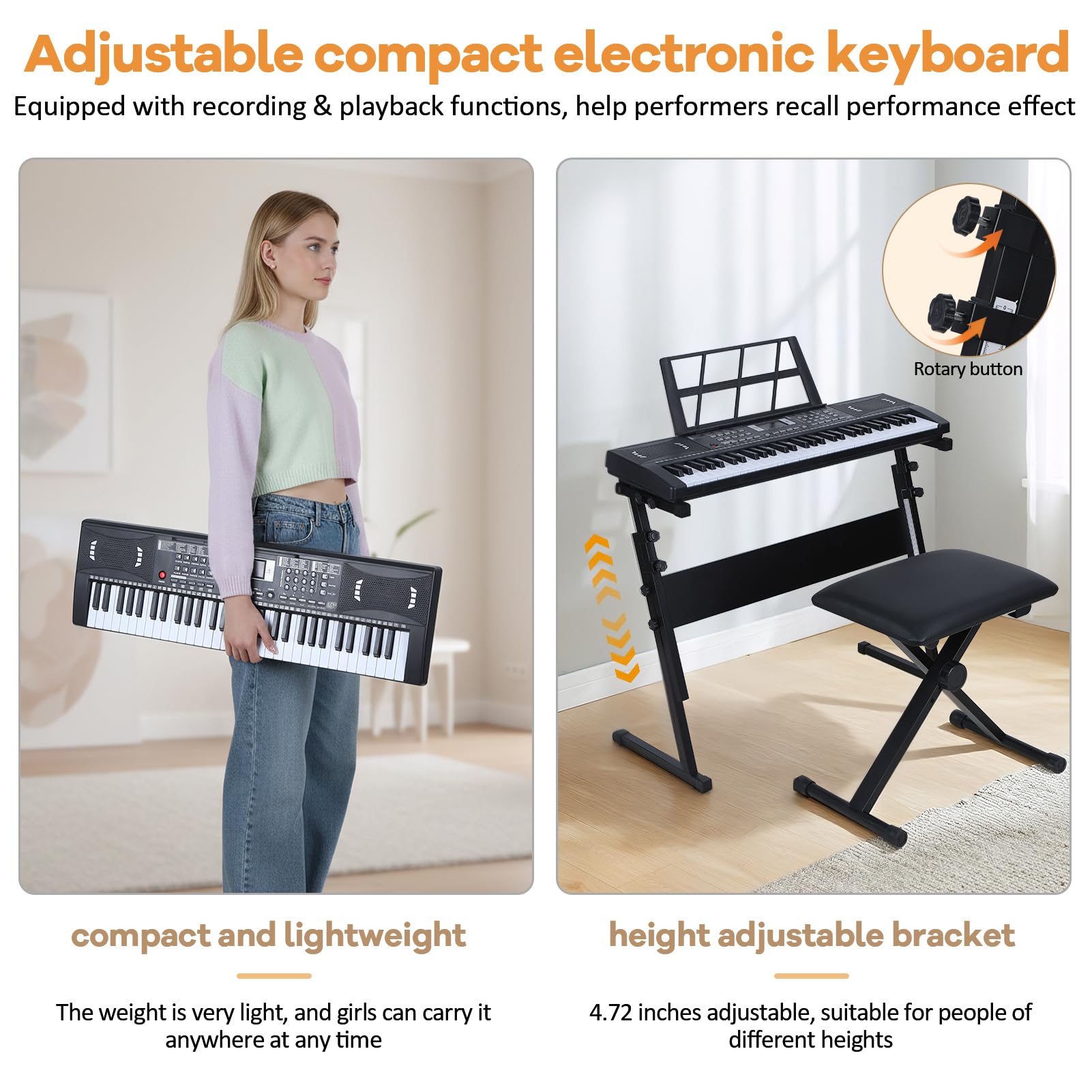61 Tasten Keyboard mit Leuchttasten, Lautsprecher, Kopfhörer, Mikrofon, Notenständer & Hocker, 300 Klangfarben Rhythmen, Lernkeyboard Digitalpiano für Anfänger (Schwarz)