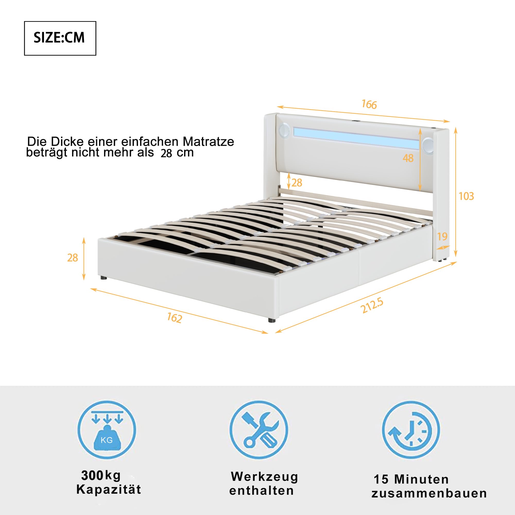 Merax Cama tapizada de 160 x 200 cm con tiras de luz LED, espacio de almacenamiento doble con reproductor Bluetooth y carga USB, para jóvenes y adultos, piel sintética blanca (sin colchón)