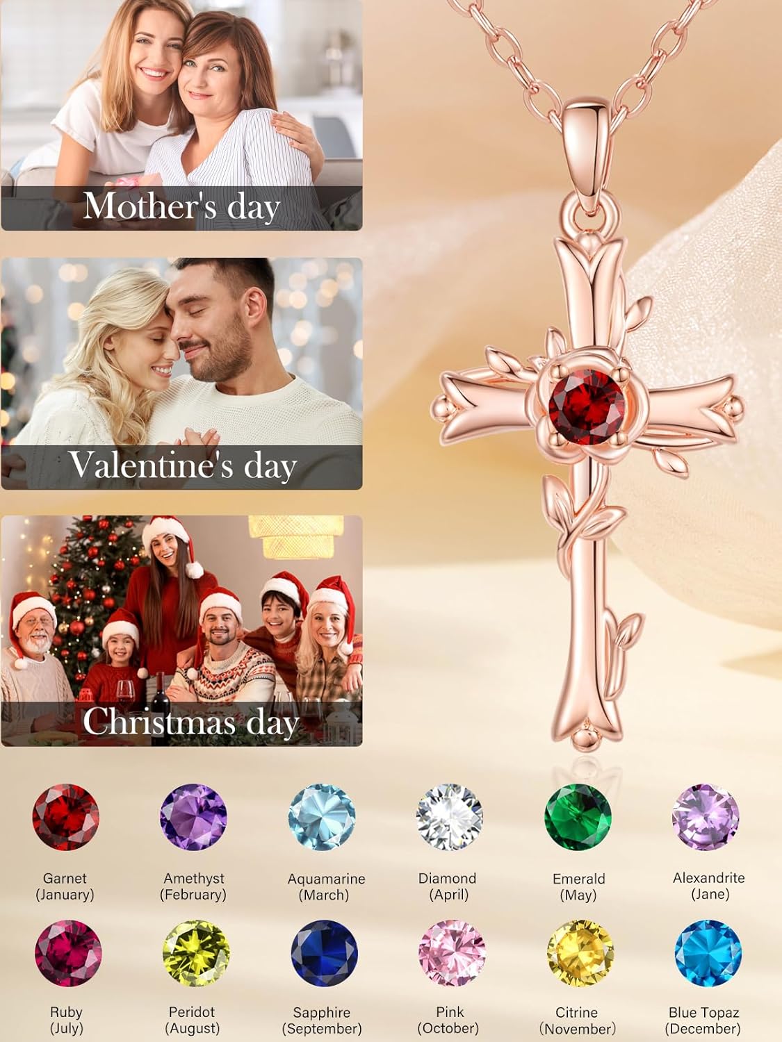 Cross Necklaces for Women, 14K Gold/Rose Gold Cross Jewelry with Birthstone Pendant, Birthday Gifts for Women, 18+2 Inch Chain