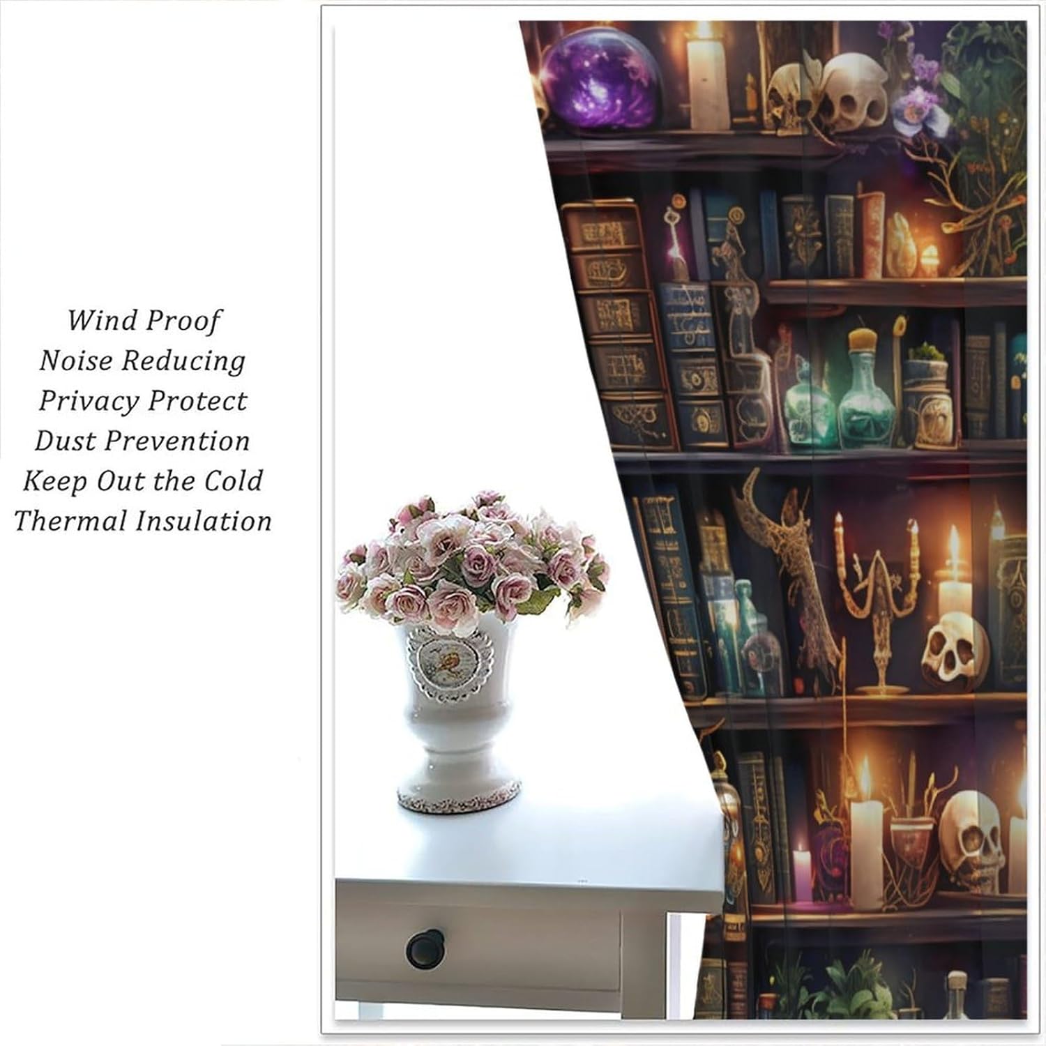 Bookshelf Skull Blackout Curtains, Gothic Library Candles Book Floral Home Decor Rod Pocket Window Drapes for Living Room Bedroom - 63" L x 55" W