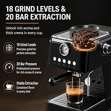 Espresso Machine with 20 Bar Pressure, 18 Grinder Settings, 3.5L Capaci, Adjustable Volume (20-99ml), Temperature Control (86-95℃), Milk Frother for Lattes and Capnos