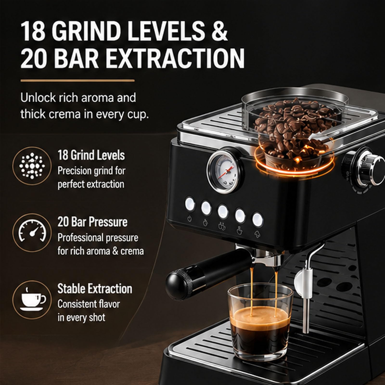 Ekspres do kawy z 18 stopniami młynka, 20 barów, pojemność 3,5 l | Regulowany ruch (20–99 ml) i temperatura (86–95 ℃), spieniacz do mleka, do Latte Cappuccino(white)
