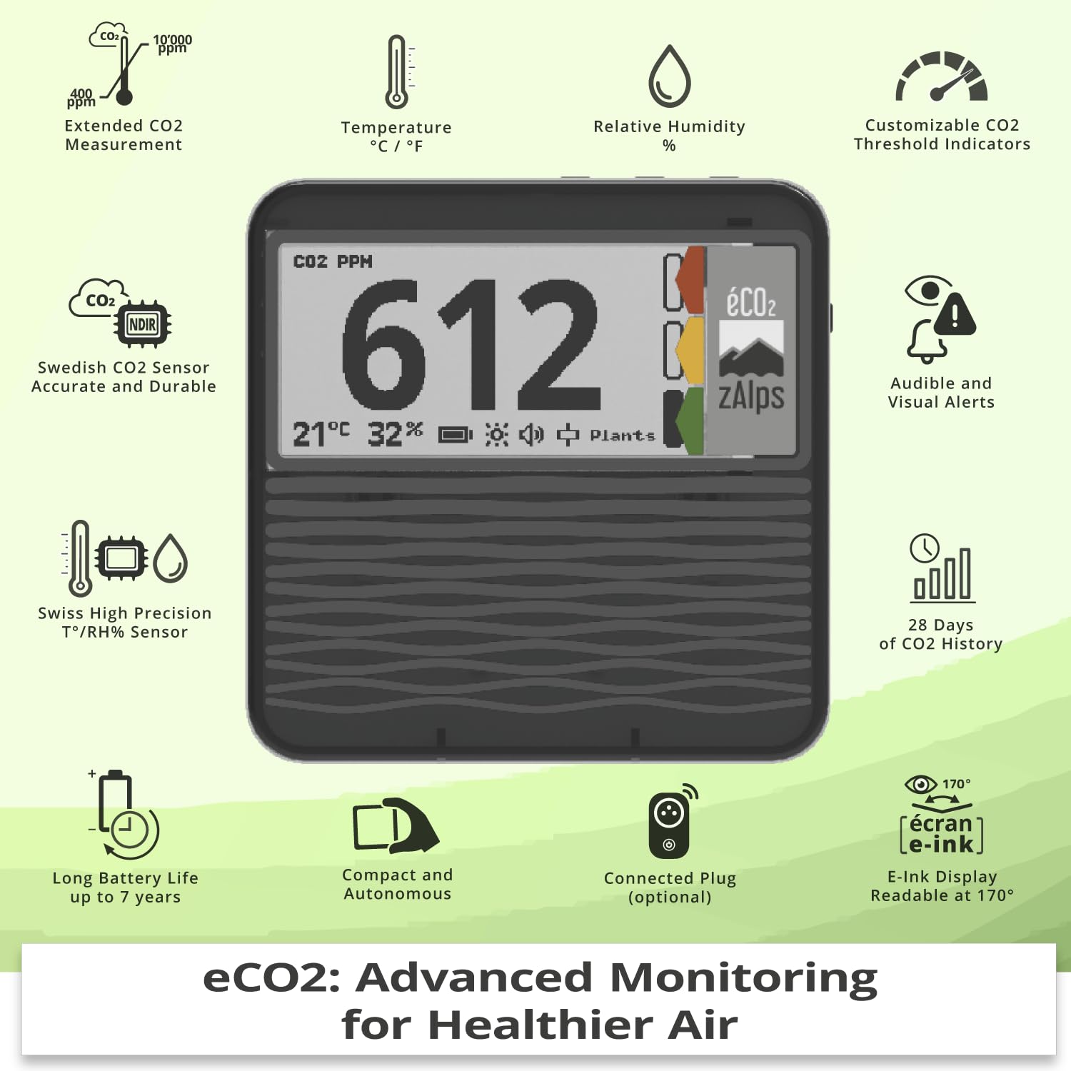ECO2 - Monitor jakości powietrza w pomieszczeniach - dokładny i trwały detektor CO2 - czujnik CO2, temperatury i wilgotności - autonomiczny i przenośny - idealny do domu/biura/szkoły