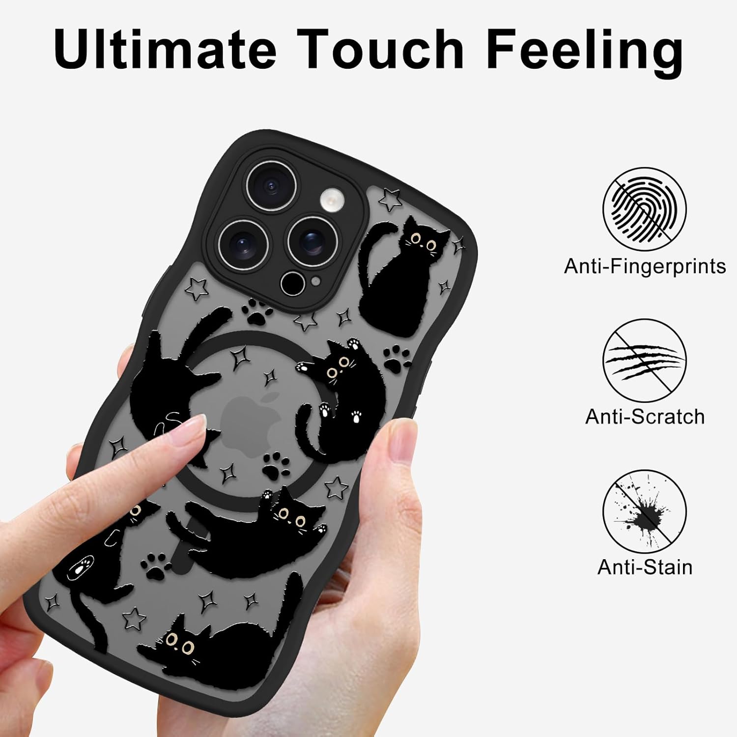 Cute Case for iPhone 13 Pro Max Case [Compatible with MagSafe] with Kawaii Black Cats Cat Print Pattern Design for Women Girls, Soft Wavy Edge Anti-Slip Animal Magnetic Protective Phone Cover - Image 6