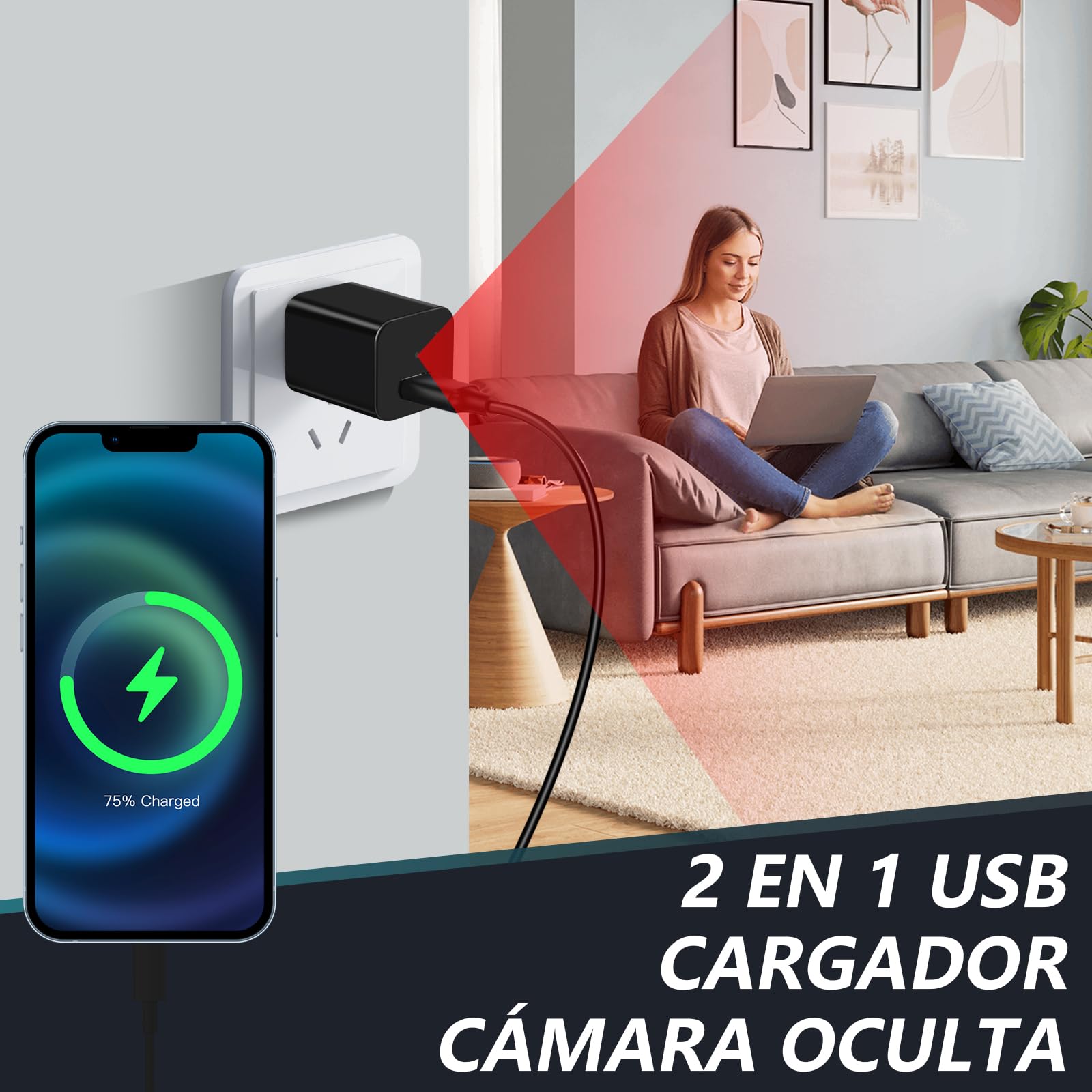 LXMIMI USB Cámara Oculta, HD 1080P Mini Cámara Espía | Cargador USB Cámara Oculta, Adaptador de Carga Cámara Espía Oculta, Soporte de Detección de Movimiento y Grabación en Bucle