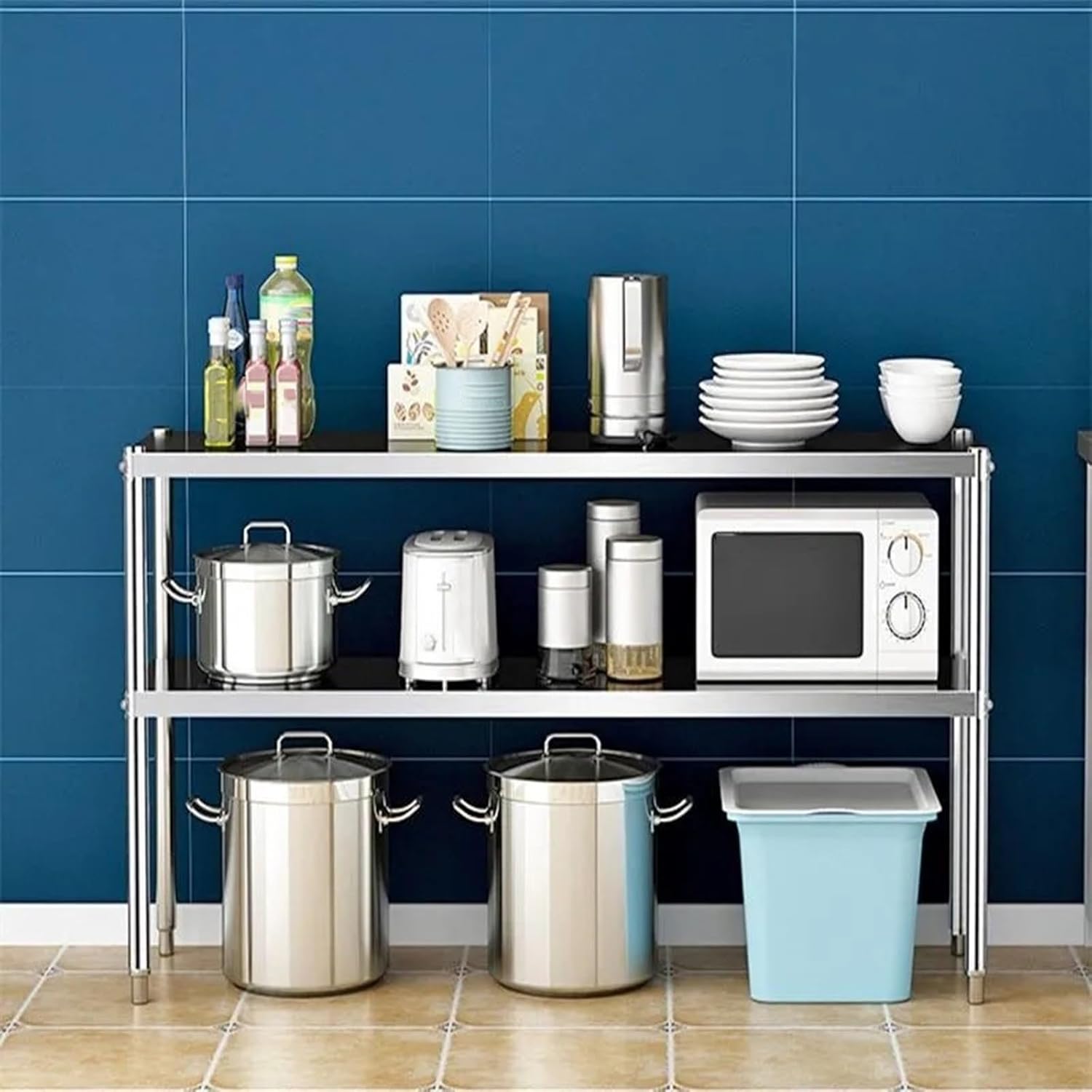 2 Tier Stainless Steel Work Table Commercial Heavy Duty Prep and Work Tables Tier Height Adjustable Planter Shelving Table Round Tube Design Workbench(80x30x80cm/31.5x11.8x31.5)