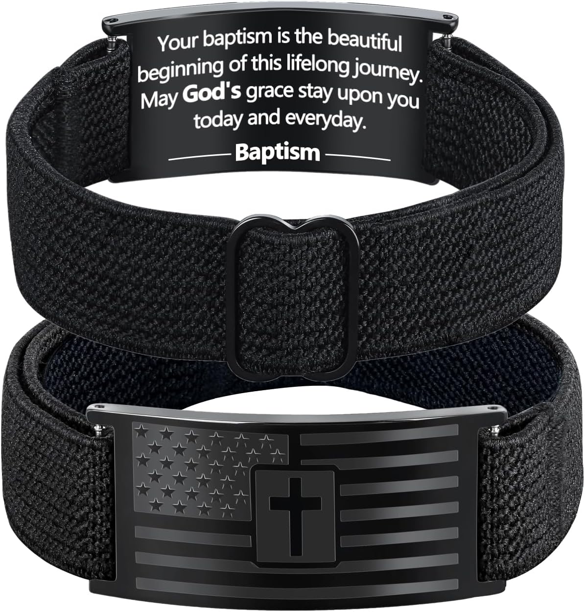 Mens Bracelet - American Flag Christian Cross Bracelet for Boys - Adjustable Black Elastic Stretch Strap with Bible Verse - Gift for Son Grandson
