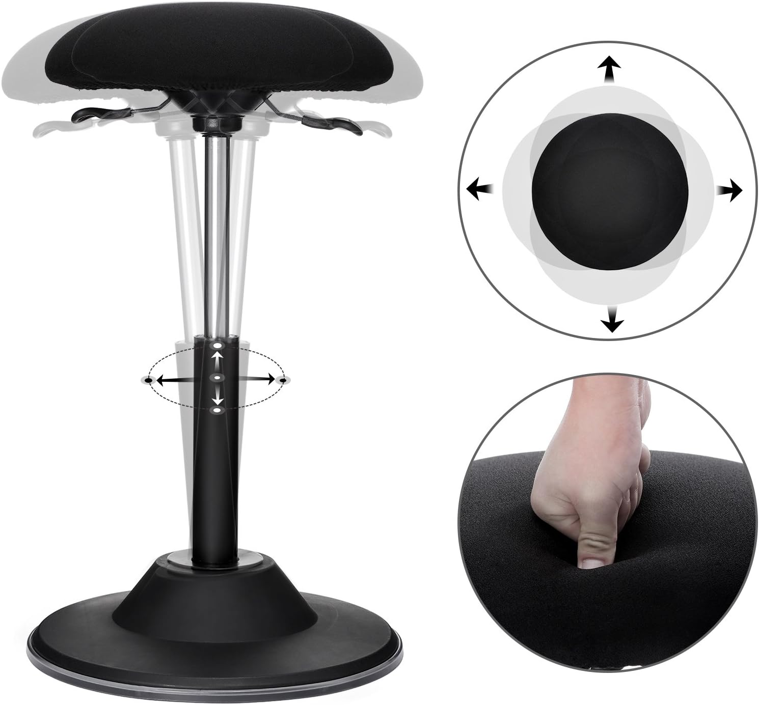 Diagram illustrating the 360-degree swivel and wobble motion of the stool, along with a close-up of the high-density foam seat.