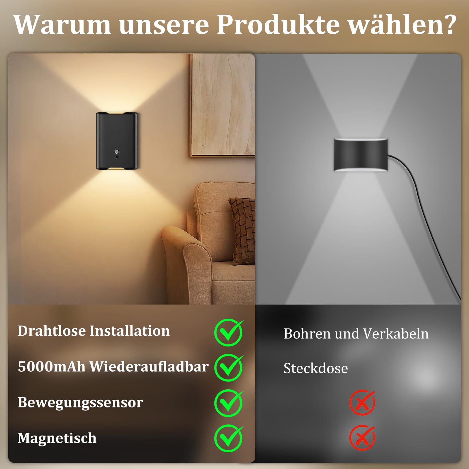 Toowell Wandleuchte Innen Akku mit Bewegungsmelder USB Aufladbar,4 Stück | 5000mAh Akku Wandlampe mit Fernbedienung Innen,Wandleuchte Ohne Stromanschluss mit 3 Modi,Schwarz Wandlampen für Schlafzimmer