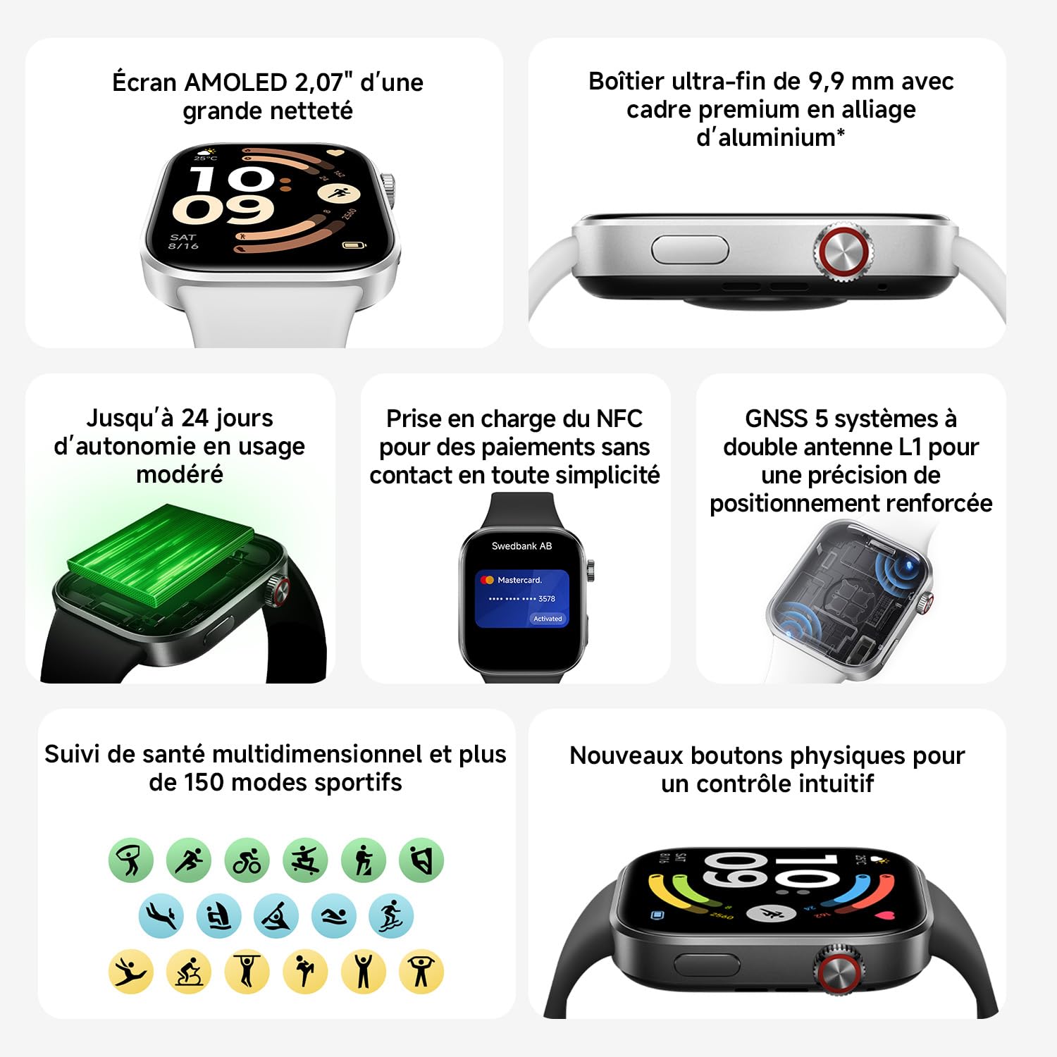 XIAOMI Redmi Watch 6 NFC, Montre Connectée, Autonomie de 24 Jours, Noir | Écran 2,07″, suivi fréquence cardiaque/sommeil/stress, plus de 150 sports, GPS, étanchéité 5 ATM, Android et ios