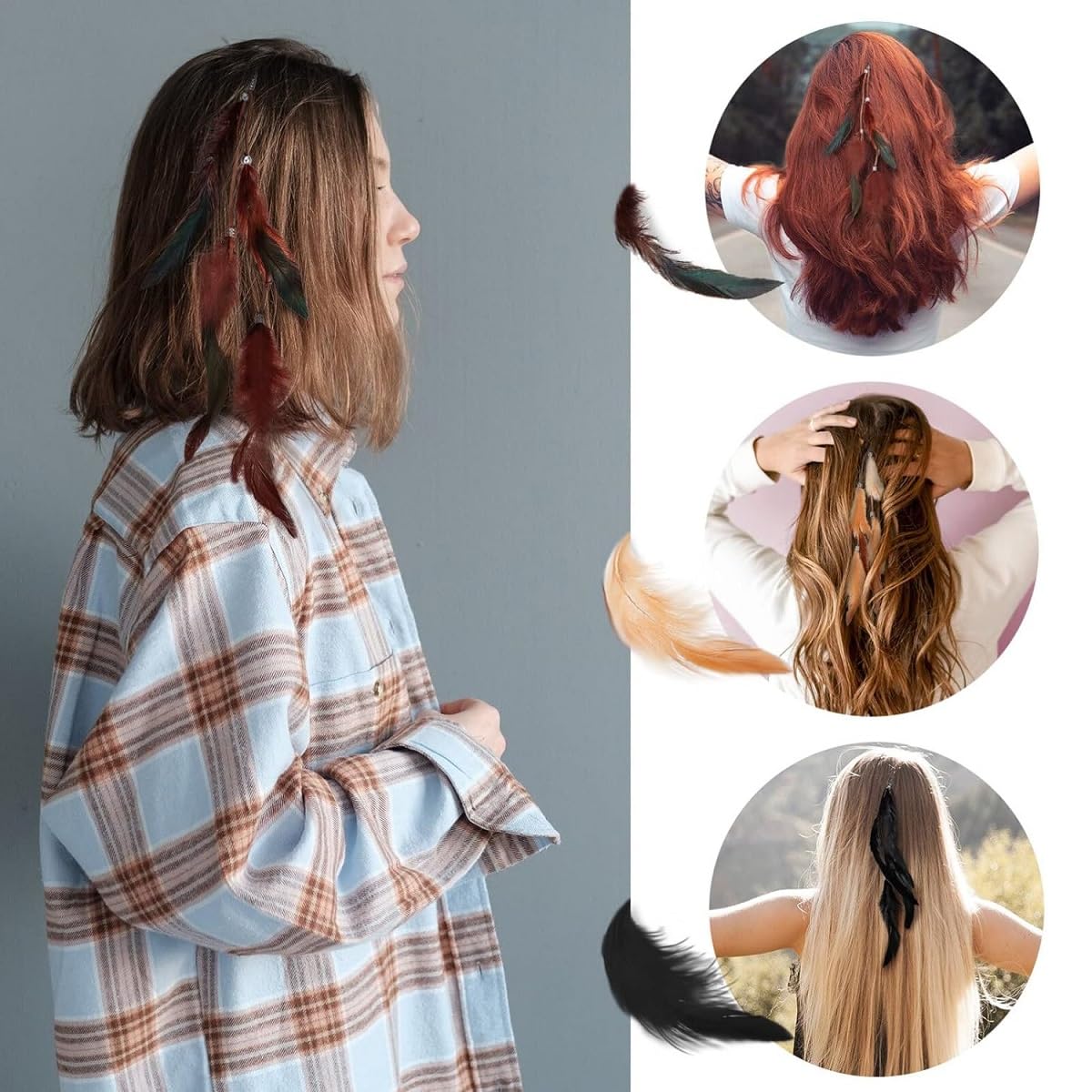 Boho Hippie Clips Cabello Plumas, 6PCS Mujer Pluma Extensiones, Accesorios Festival Halloween