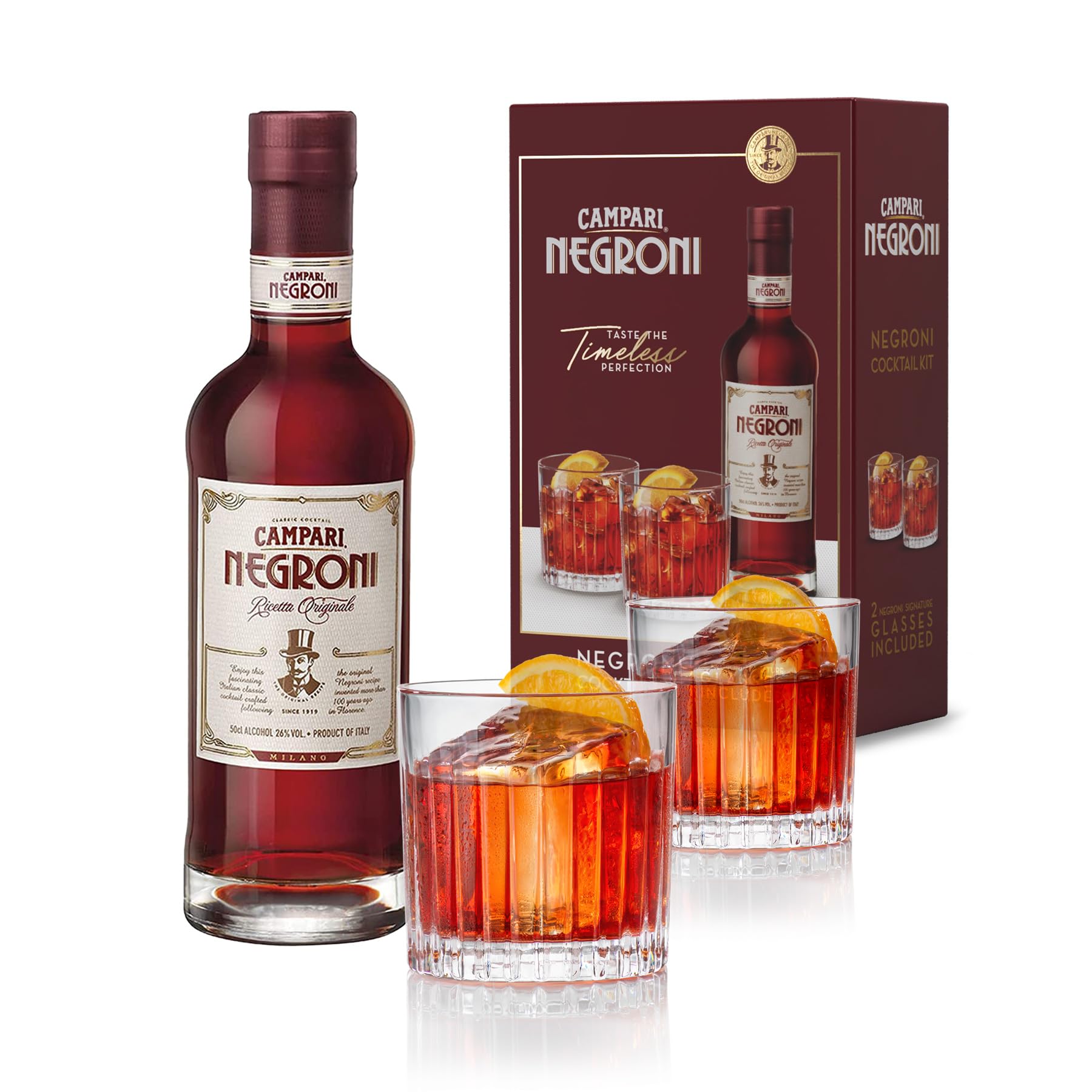 Campari Negroni Geschenkset – 1x 0,5 l Campari Negroni im Set mit 2 Gläsern – italienischer, servierfertiger Pre-Dinner Cocktail