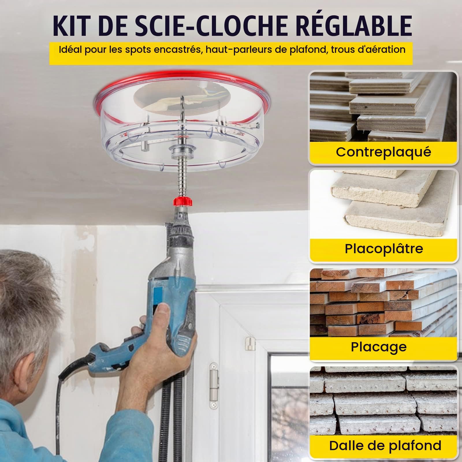 VEVOR Scie Cloche Réglable 40-200 mm Kit Scie Cloche avec Cache Poussière, Coupe-Cercle Scie à Trou Réglable avec Capot Anti-poussière Sécurisé Propre pour Couper Plaques de Plâtre Placages Panneaux