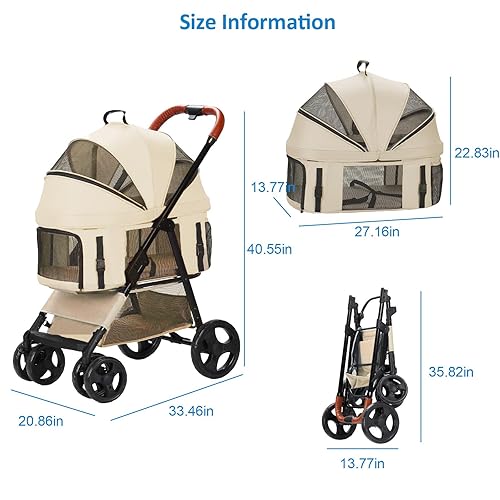 Miniatura 7 de Cochecito para mascotas para perros y gatos pequeños y medianos de hasta 33 libras, cochecito plegable de 4 ruedas con transportador grande