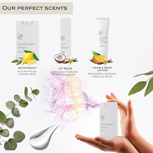 Miniatura 5 de Kit esencial de aseo de viaje aprobado por la TSA de 8 piezas | Kit de higiene personal con desodorante, loción, bálsamo labial y toallitas faciales