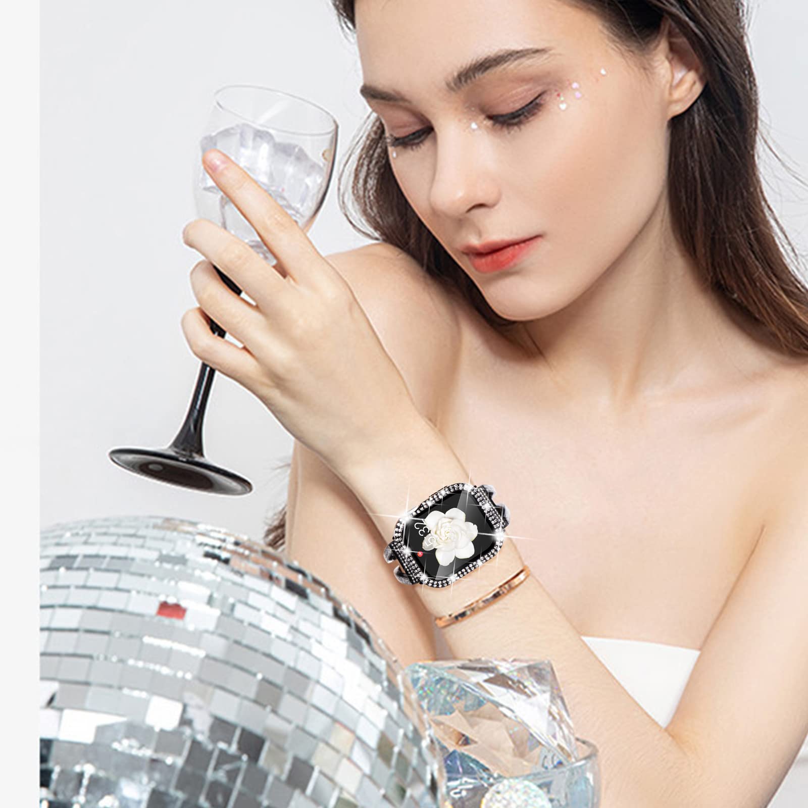 WINGLE Confezione da 10 custodie protettive per Apple Watch da 45 mm, serie 9, 8, 7, con vetro temperato, con strass, per Apple Watch iWatch 9/8/7 da donna, 45 mm