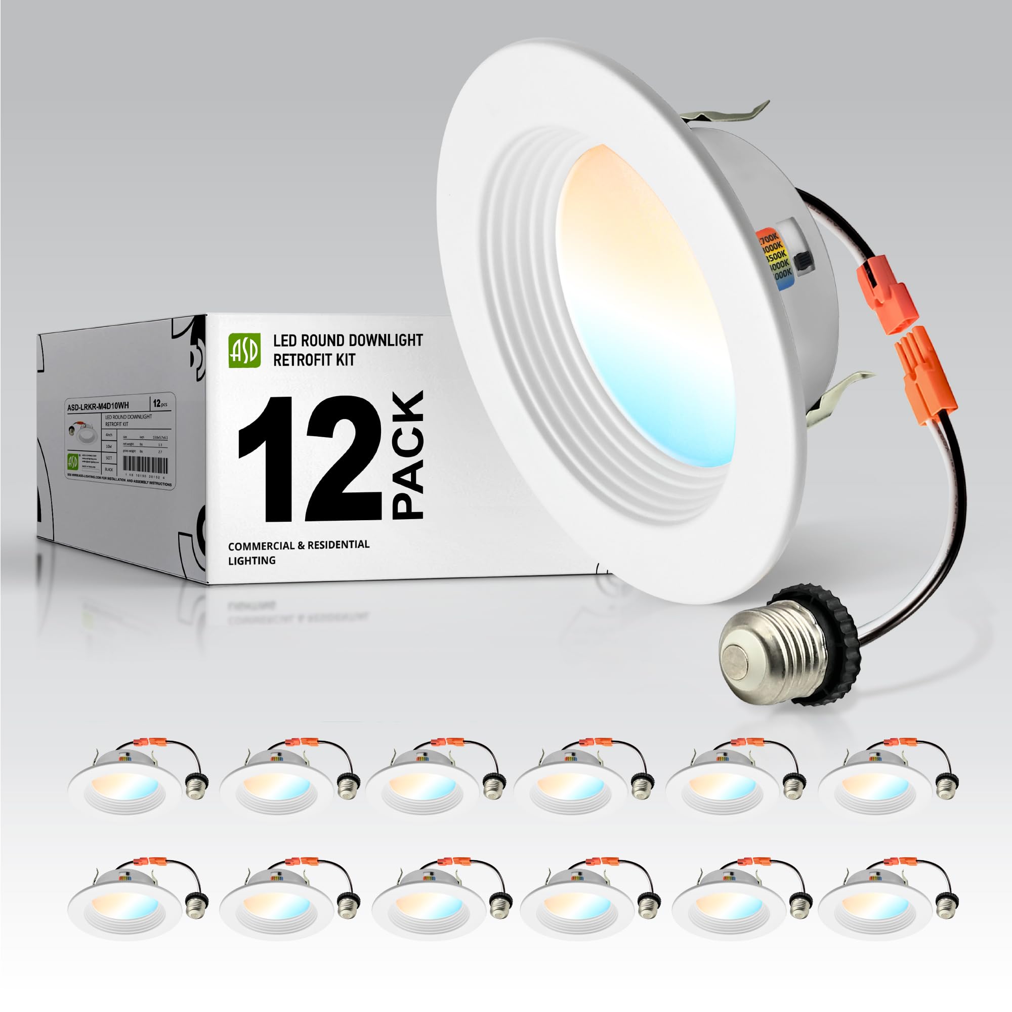 ASD 4 Inch Retrofit LED Recessed Lighting | Metal Trim White 10W 849LM 120V 2700K-5000K Adjustable Ceiling Downlights | Triac Dimmable Wet Rated Room