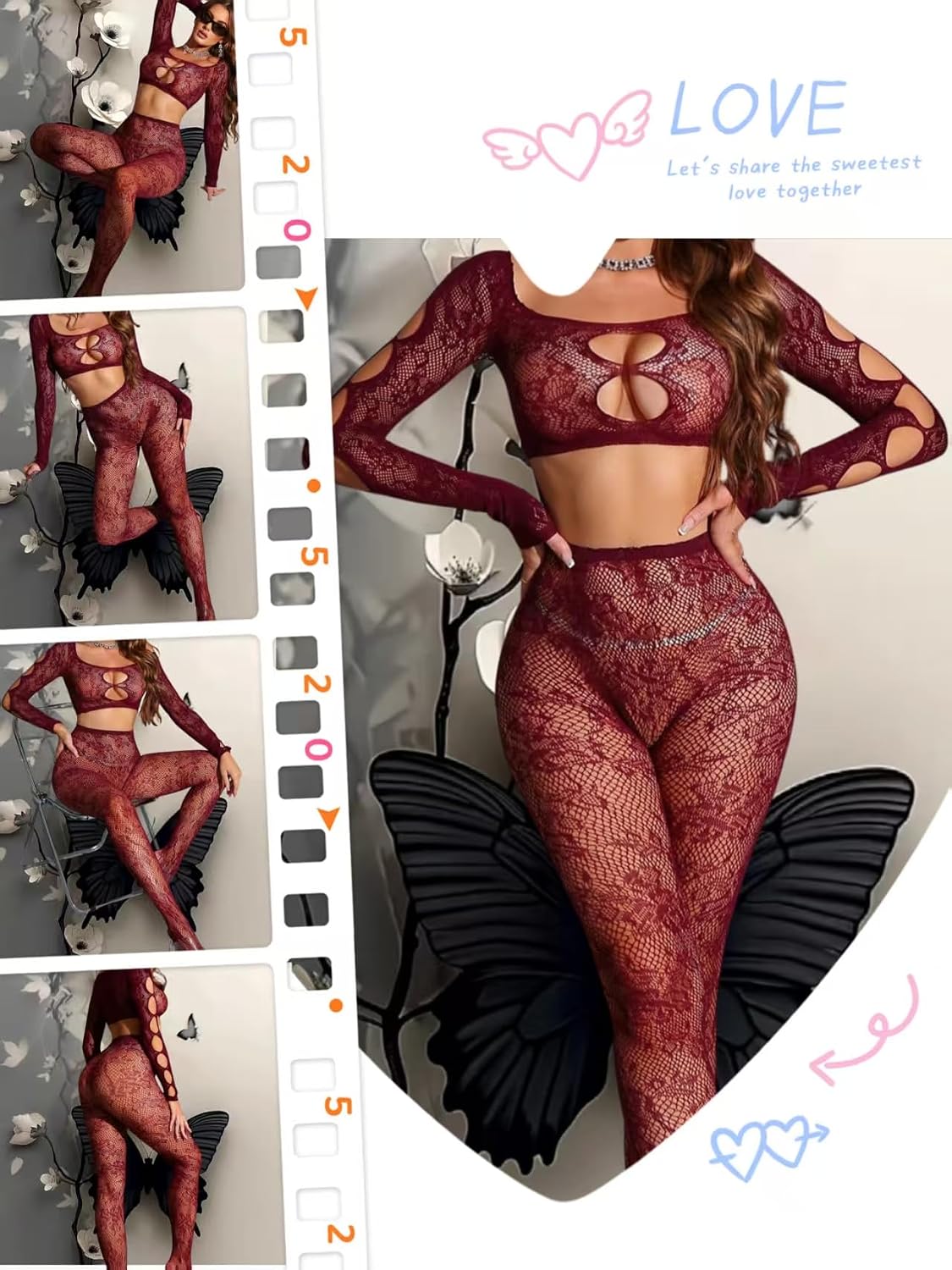 Women's 2-Piece Fishnet Performance Set - Long Sleeve Top & Bottom for Dance, Stage & Costume (Burgundy, One Size)
