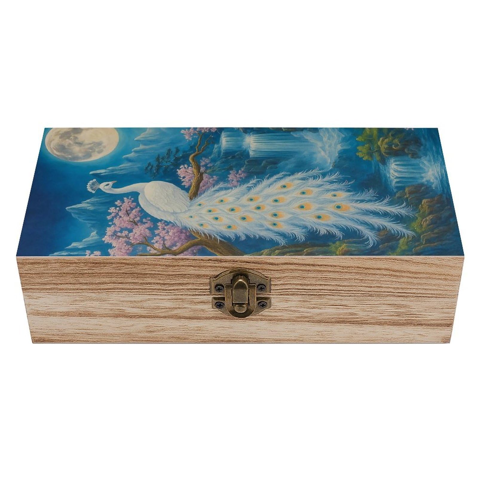 HLBSDM Moonlit Elegant Peacock Blossom And Waterfall Wooden Storage Vintage Keepsake Decorative Boxs