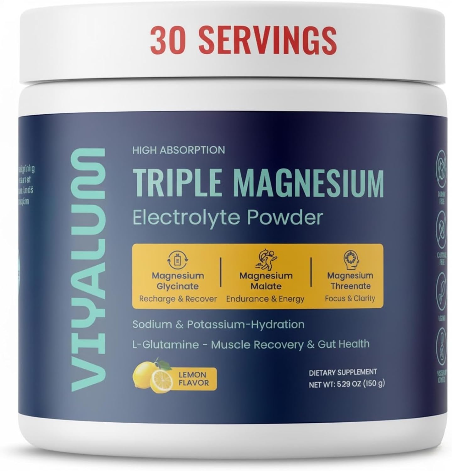 Triple Magnesium Electrolyte Powder | 250 mg High Absorption Magnesium Glycinate, Malate & Threonate | Sodium & Potassium Hydration Mix with L-Glutamine | Zero Sugar | 30 Servings (Lemon)