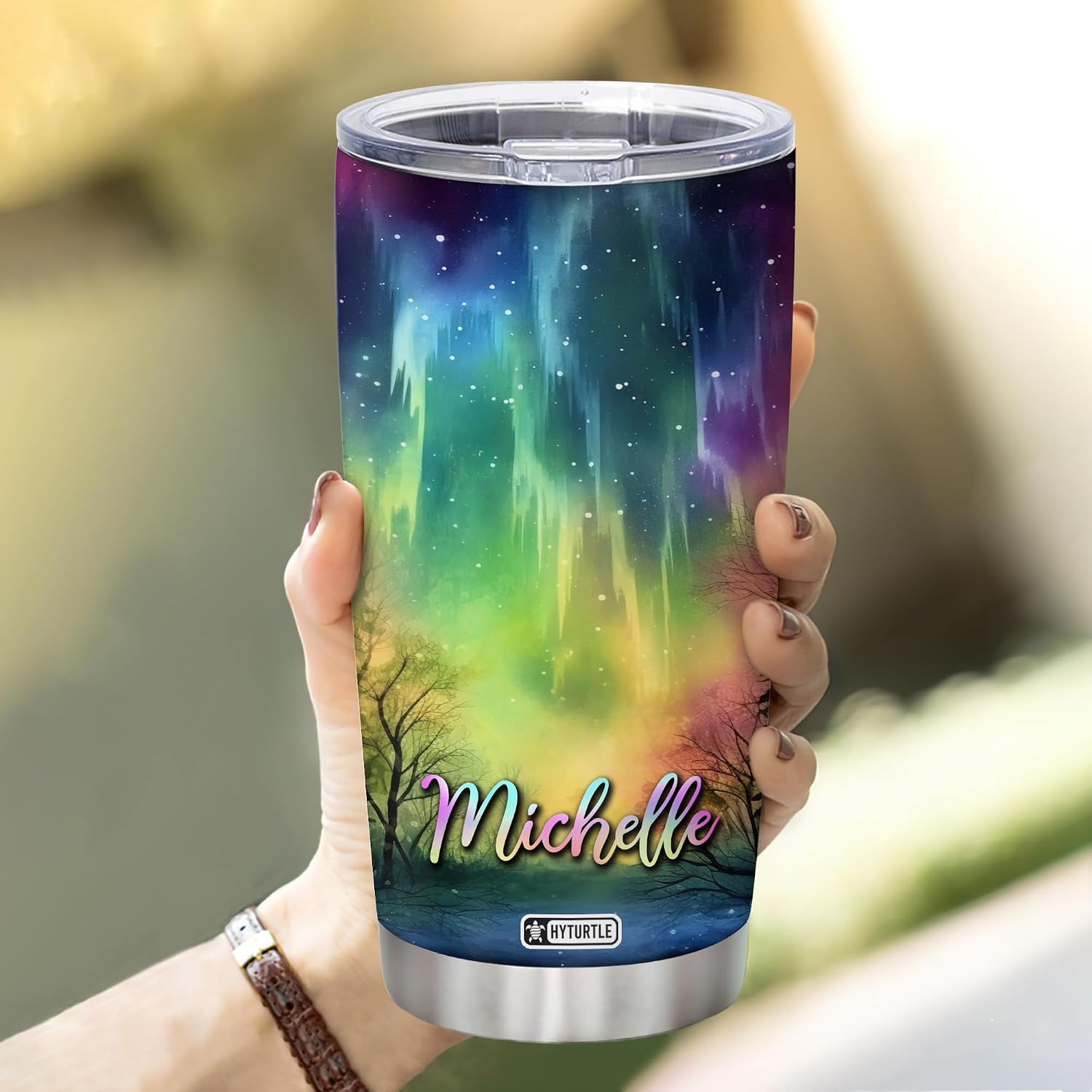 Hyturtle Personalized Gifts For Northern Lights Lover - Aurora Rainbow Skyline Prints Customized Name Stainless Steel Tumbler 20 oz With Lid - Idea Gifts For Women, Girl, Kids On Birthday, Christmas