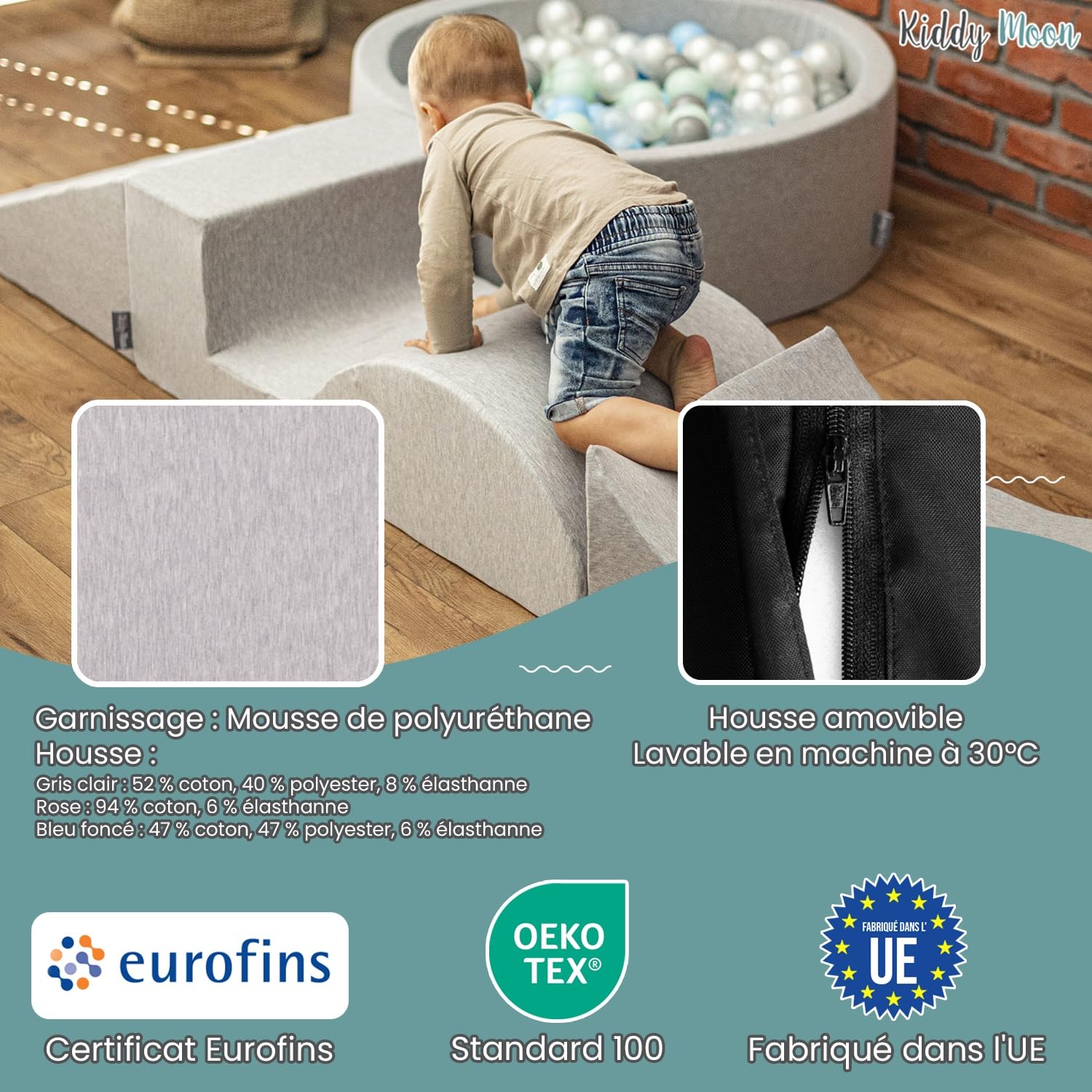 KiddyMoon Aire De Jeux en Mousse avec Carré Piscine À Balles (200 Balles) pour Enfants, Gris Clair: Blanc/Gris/Menthe