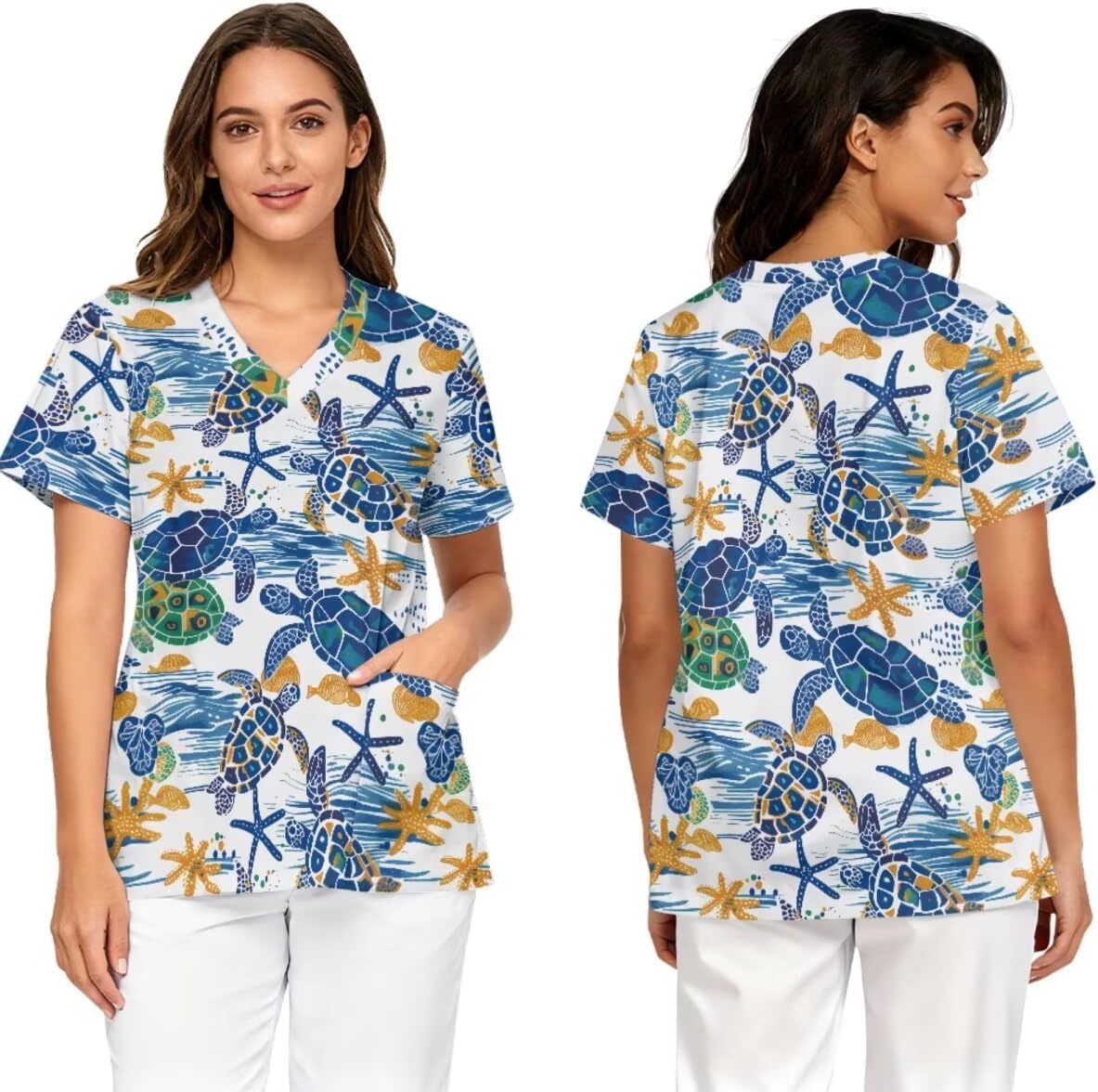 3Pcs Women's Scrubs Set with Scrub Pants Caps Cute Printed V Neck Tops Soft Casual Nurse Uniform With Pocket