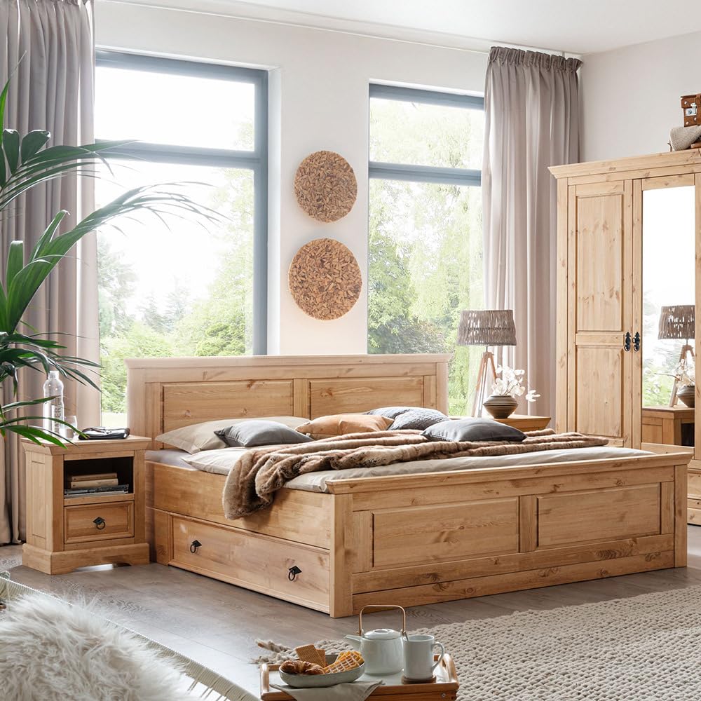 Lomadox Schlafzimmer Set 5-teilig mit Doppelbett 180x200cm, 2 Bettschubladen, 2 Nachttische in Kiefer massiv, eichefarben geölt