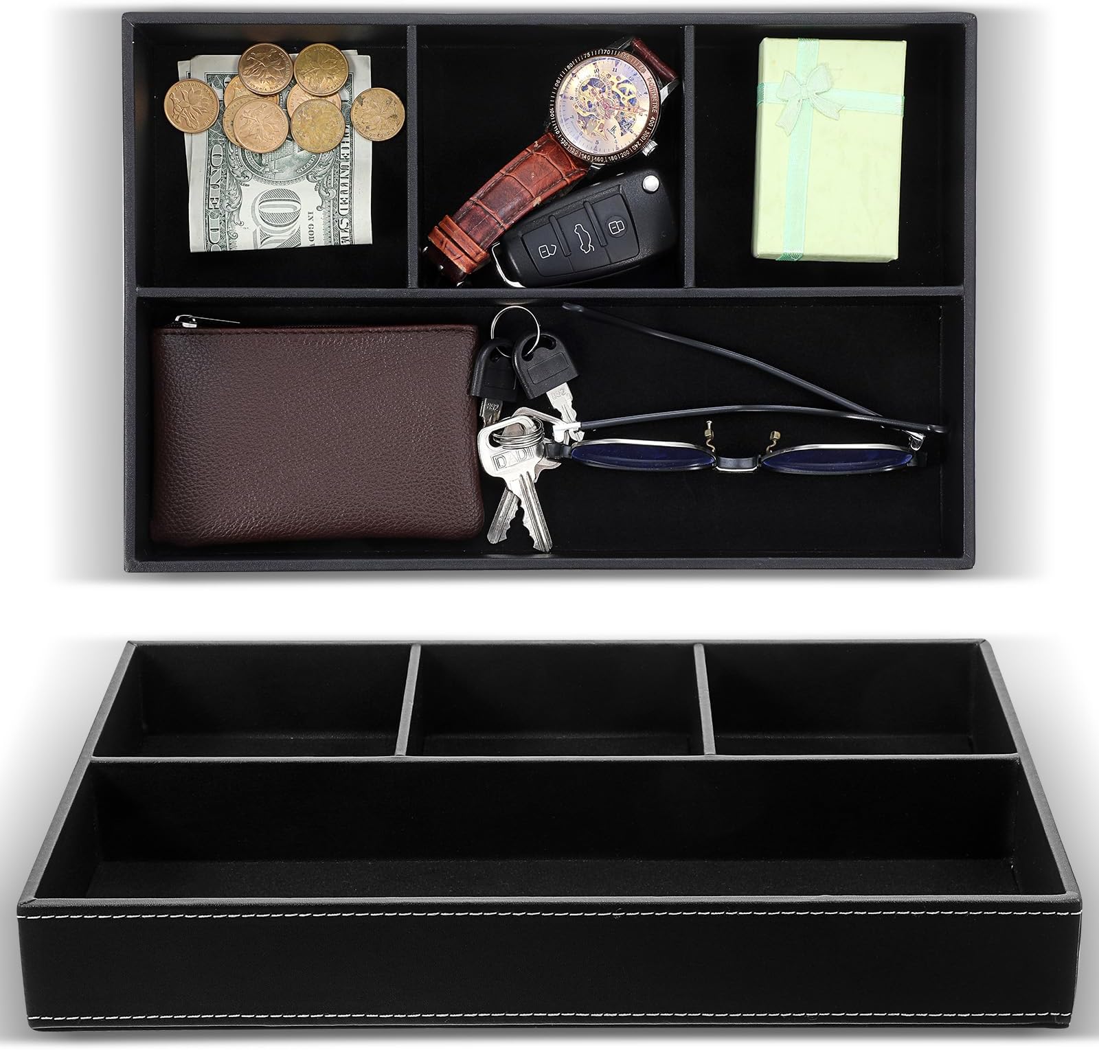 Caeuiciw 2 Pcs Premium Faux Leather Valet Tray, Premium PU Leather Nightstand or Dresser Organizer for Men, Stackable Storage Tray for Keys, Wallet, Watch, Phone, Jewelry in Black
