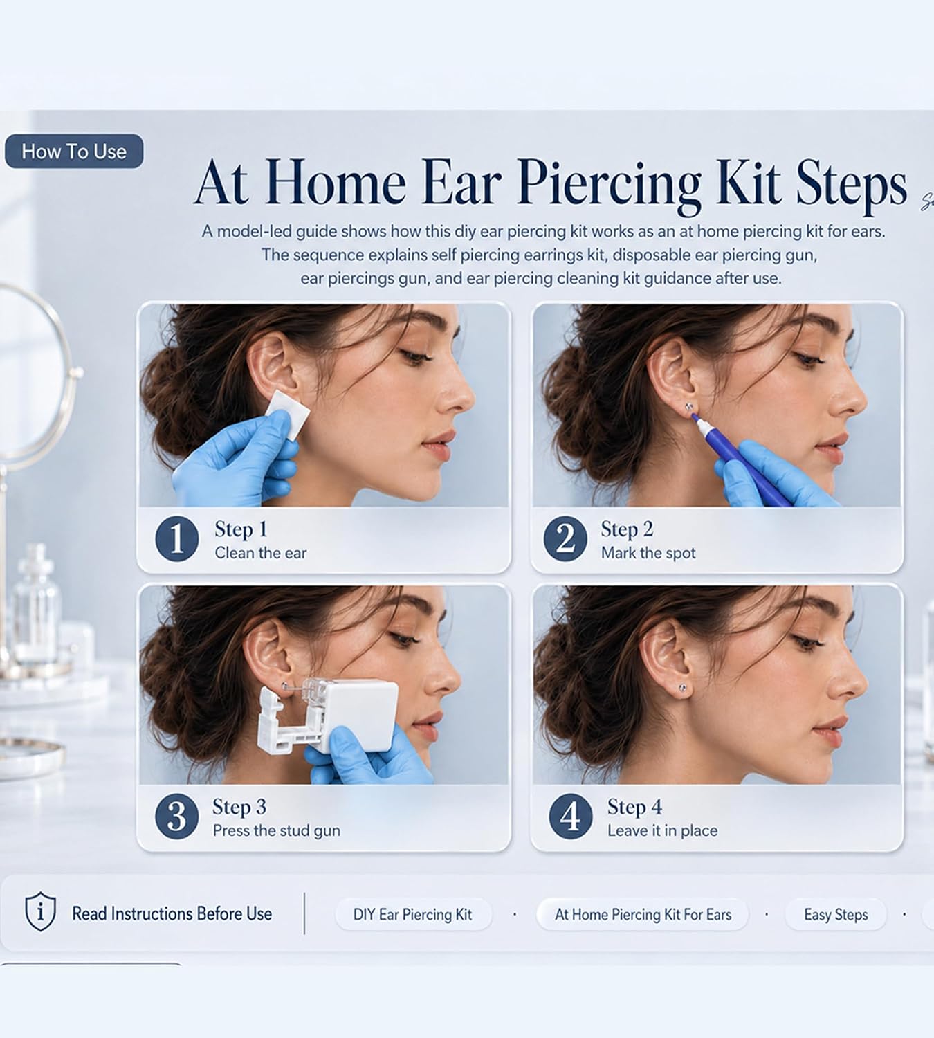 QWALIT 2mm Disposable Ear Piercing Gun Kit with Surgical Steel Cubic Zircon Earring Stud at Home Self Ear Piercer Kit Gold Hypoallergenic Earrings Safe Back Sensitive Ears Small