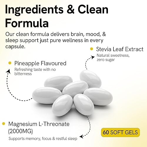 Miniatura 7 de Suplemento de magnesio L-treonato de magnesio 400 mg cápsulas blandas - Alta absorción para un mejor sueño muscular y apoyo cerebral - Alivio del