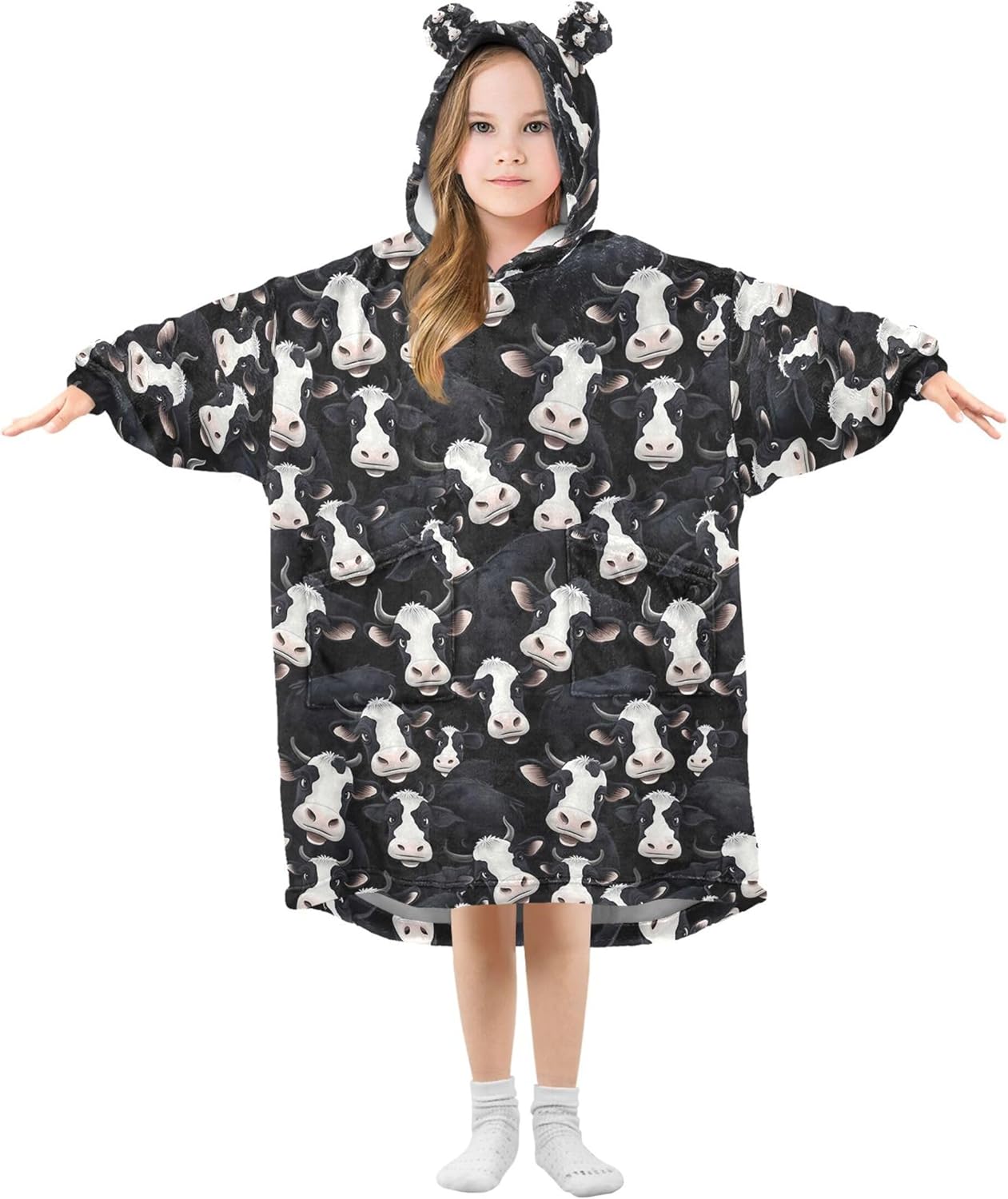 Cow Animal Kids Wearable Blanket Hoodie with Pocket and Sleeves for Toddlers, Cute Hoodies Girls Boys B0403731