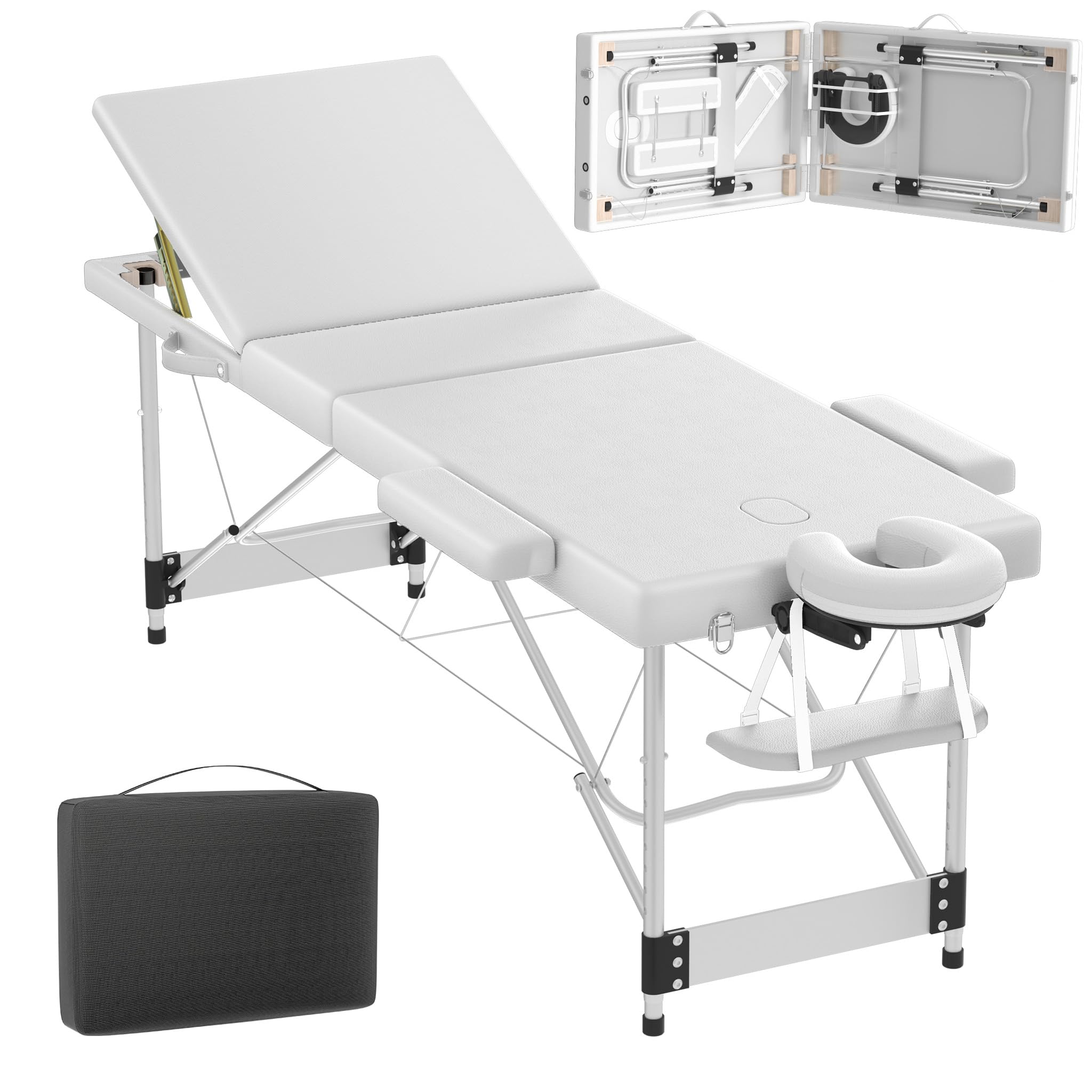 FIVMEN Massageliege Klappbar 3 Zonen Massagetisch Massagebett Höhenverstellbar mit Armlehnen & Gesichtskissen & Aufbewahrungstasche Aluminium Kosmetikliege Massagebank, Weiß