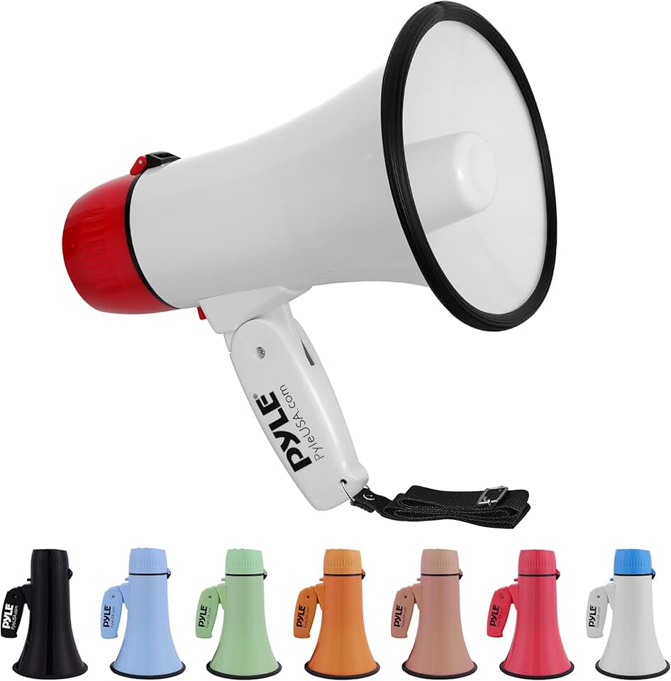 Megafone Pyle Portátil 20W com Sirene e Gravação de Voz, Entrada Auxiliar P2 para Música, Amplificador de Som com Alça Dobrável, Alcance 400m