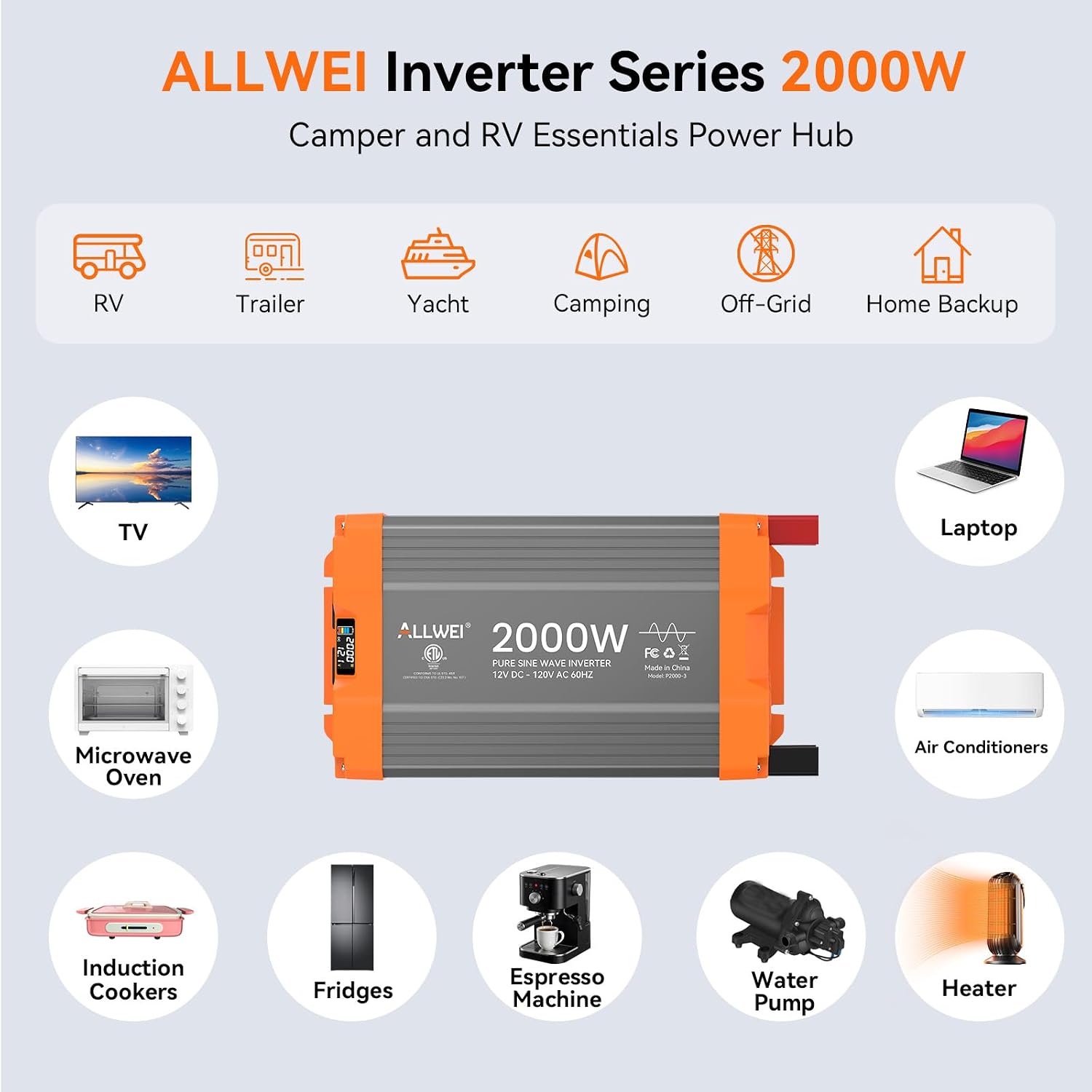 2000W Pure Sine Wave Power Inverter 12V DC to 120V AC, ETL Listed to UL 458