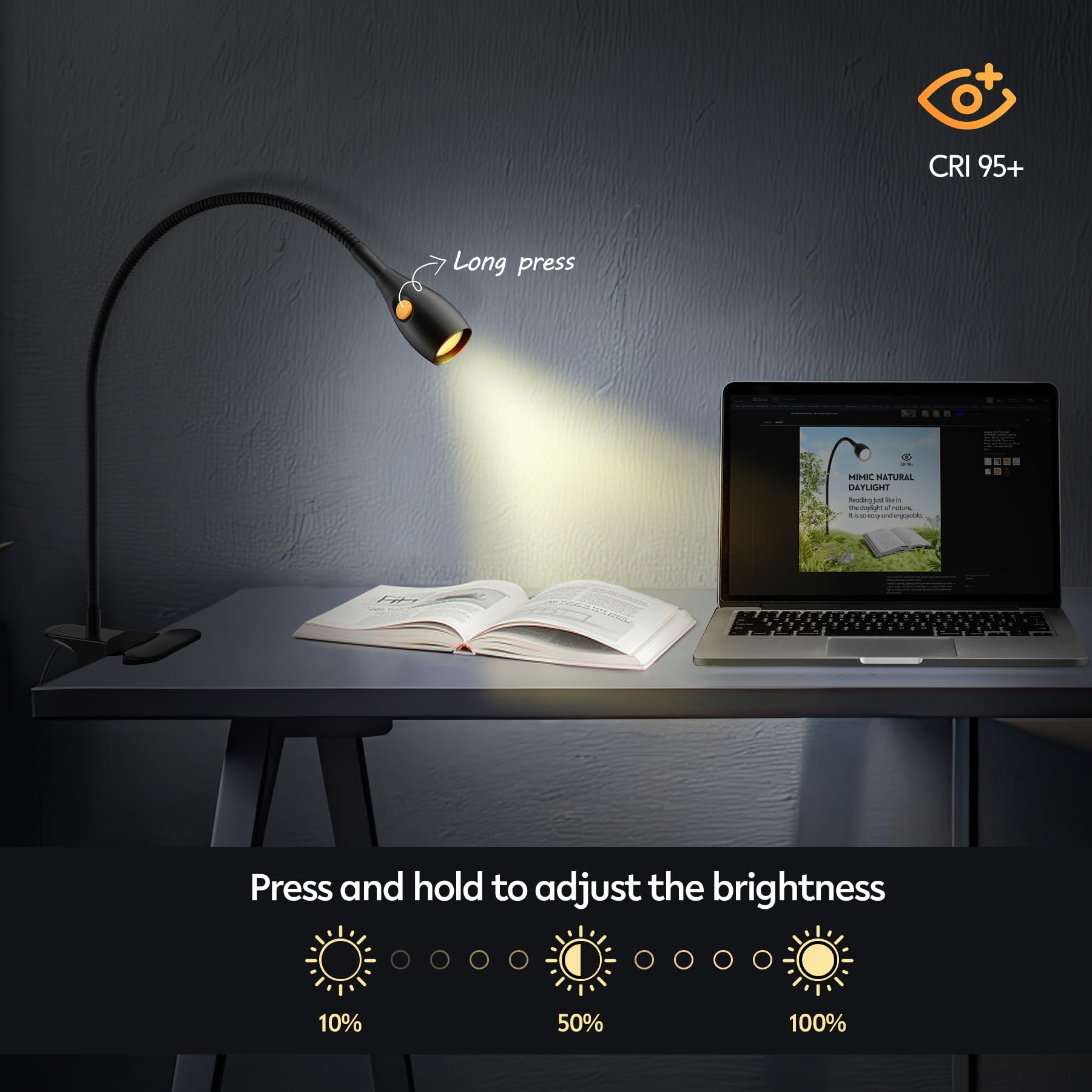acegoo Luz de lectura minimalista para lámpara de clip, cabecero de cama, luz regulable, luz de libro de 3000 K/luz ámbar con adaptador USB-C, cuello de cisne flexible y práctico interruptor de cabeza