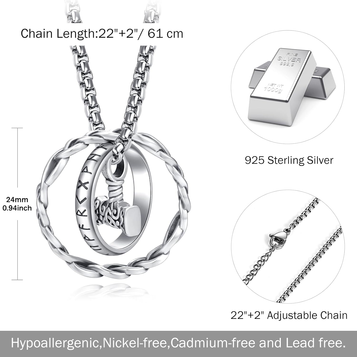 Palpitate Celtic Knot Viking Runes Pendant Necklace 925 Sterling Silver Wolf/Thors Hammer/Vegvisir Amulet Pendant Viking Jewelry Gift for Men Women