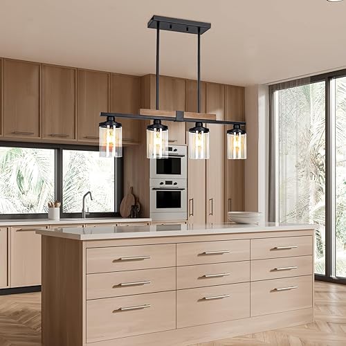 Miniatura 6 de Lámpara de comedor sobre mesa, iluminación de isla de cocina de 4 luces de granja, lámpara de madera moderna con altura ajustable, grandes luces