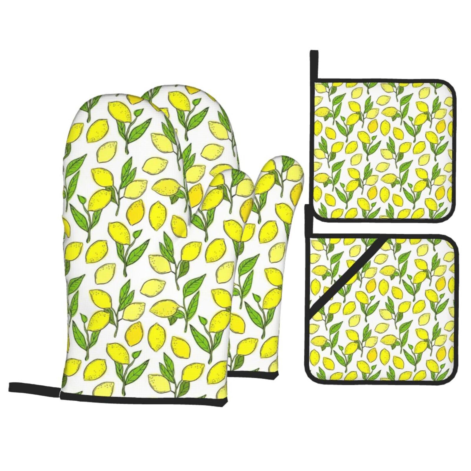 Nimongt Black Yellow Fresh Lemons Print Heat-Resistant 4-Piece Oven Kitchen Gloves For Baking Cooking Microwaving Essentials