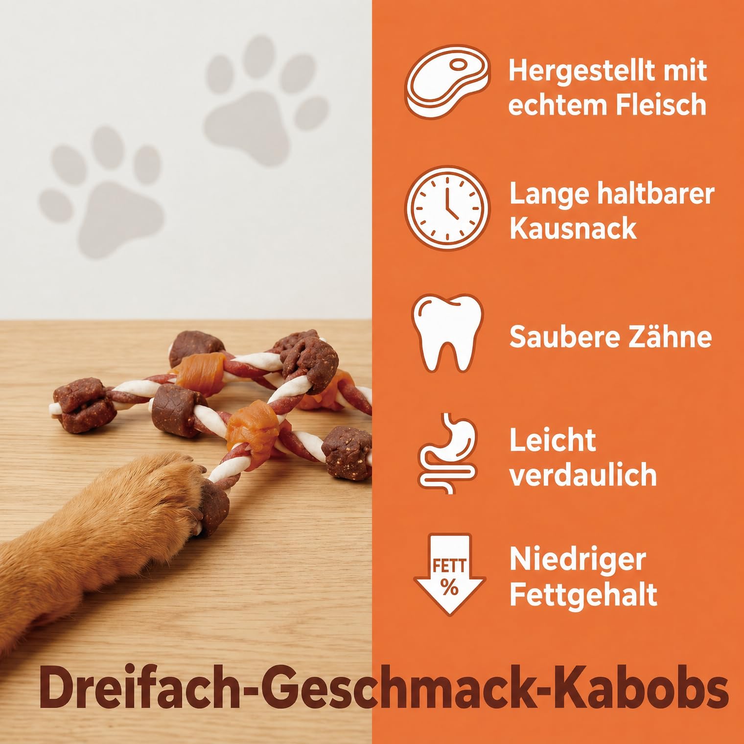 Friandises à mâcher pour chiens - Kabobs triple flavor avec poulet, foie et bœuf - Os à mâcher sans céréales pour les soins dentaires - Récompense riche en protéines pour toutes les races