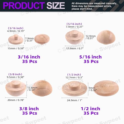 Miniatura 2 de Swpeet 140 tapones de botón de madera de 316 pulgadas, 516 pulgadas, 38 pulgadas, 12 pulgadas, tapones para agujeros de madera dura, juego de