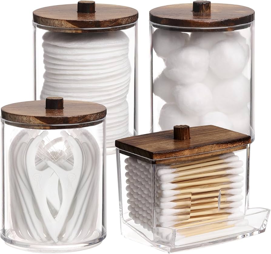 Tbestmax 4 Pack Qtip Holder Bathroom Container, 10/7oz Cotton Ball/Swabs Dispenser, Apothecary Jar with Bamboo Lids for Organizer and Storage (Brown)