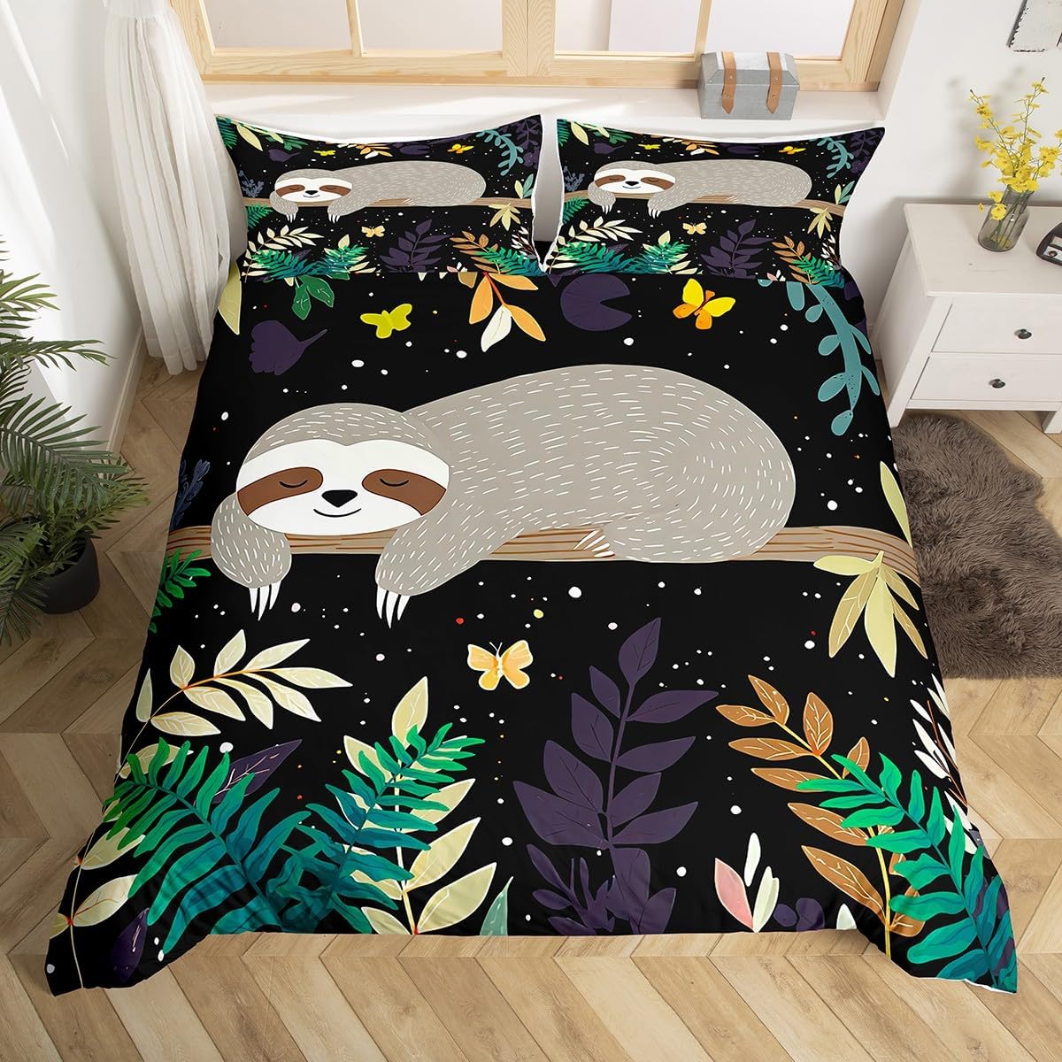 Feelyou Sloth Comforter Cover Set Cute Sloth Bedding Set for Kids Boys Girls Galaxy Butterfly Duvet Cover Botanical Leaves Bedspread Cover 1 Duvet Cover with 2 Pillowcases Full Size (No Comforter)
