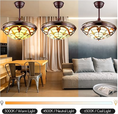 Miniatura 2 de A Million Ventiladores de techo vintage de 42 pulgadas con luces retráctiles con control remoto de 3 velocidades, luz regulable, lámpara LED retro,