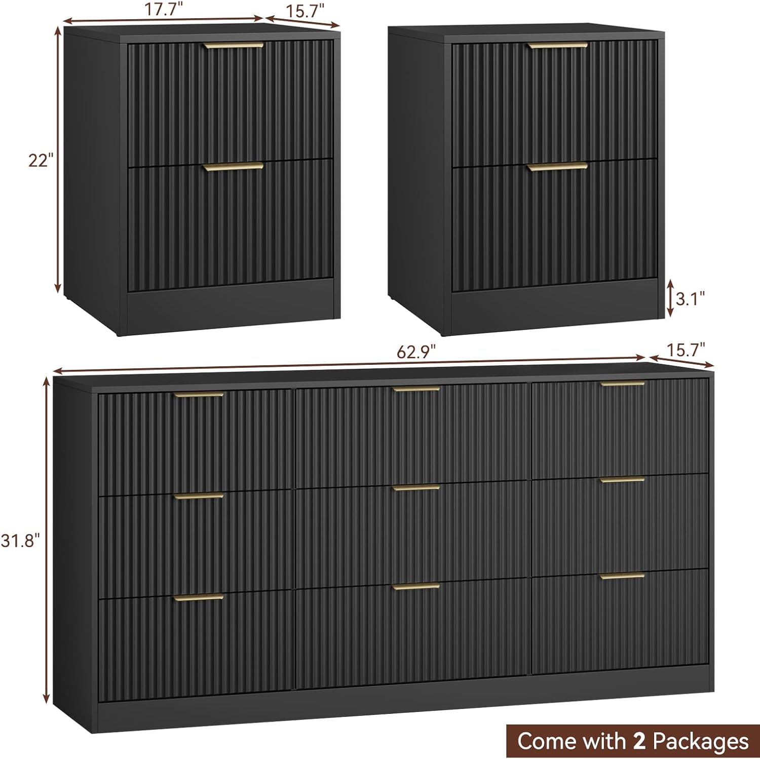 Diagram showing the dimensions of the 9-drawer dresser and two nightstands.